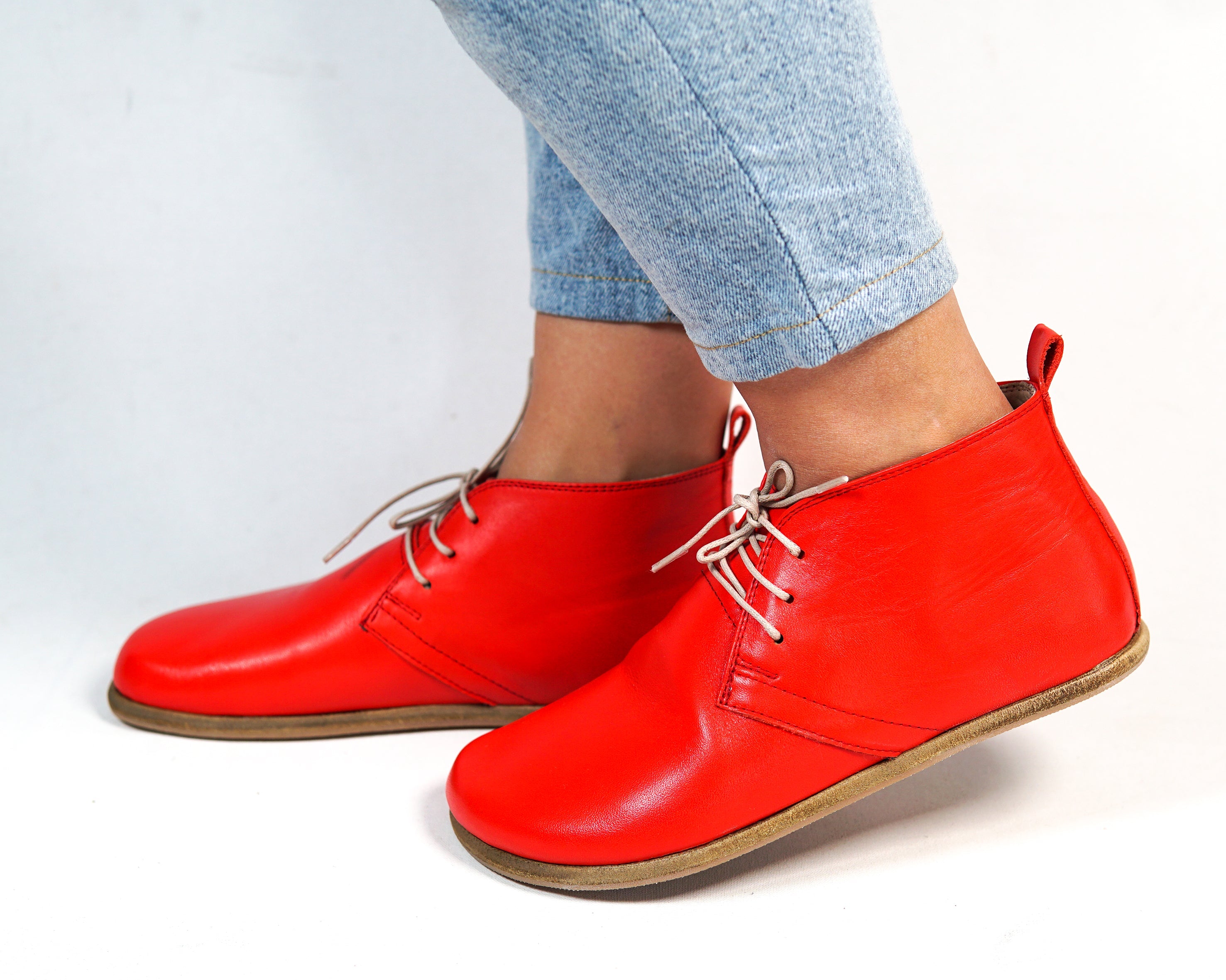 Red Ankle Boots Wide Barefoot Smooth Leather Handmade Shoes 