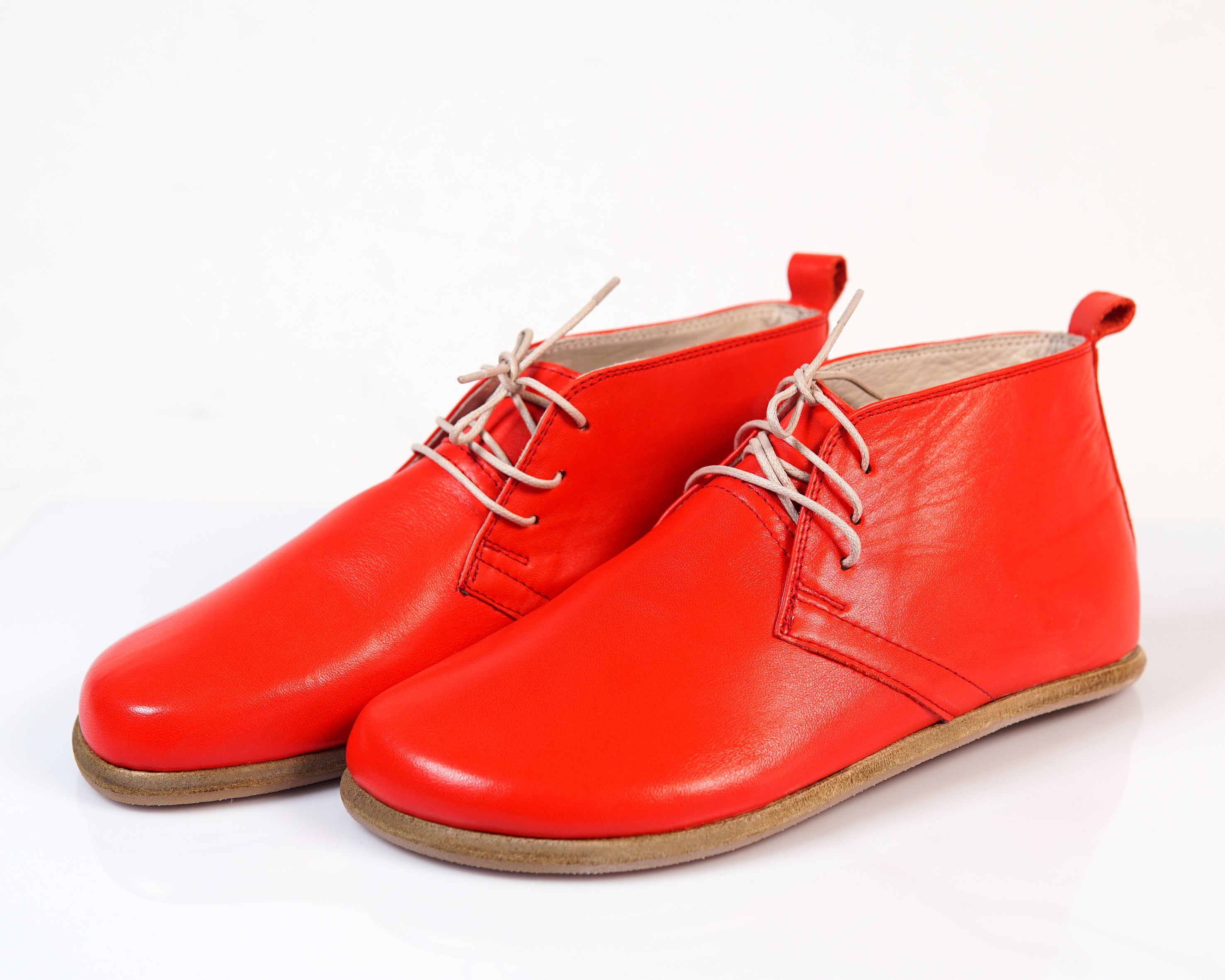 Red Ankle Boots Wide Barefoot Smooth Leather Handmade Shoes 