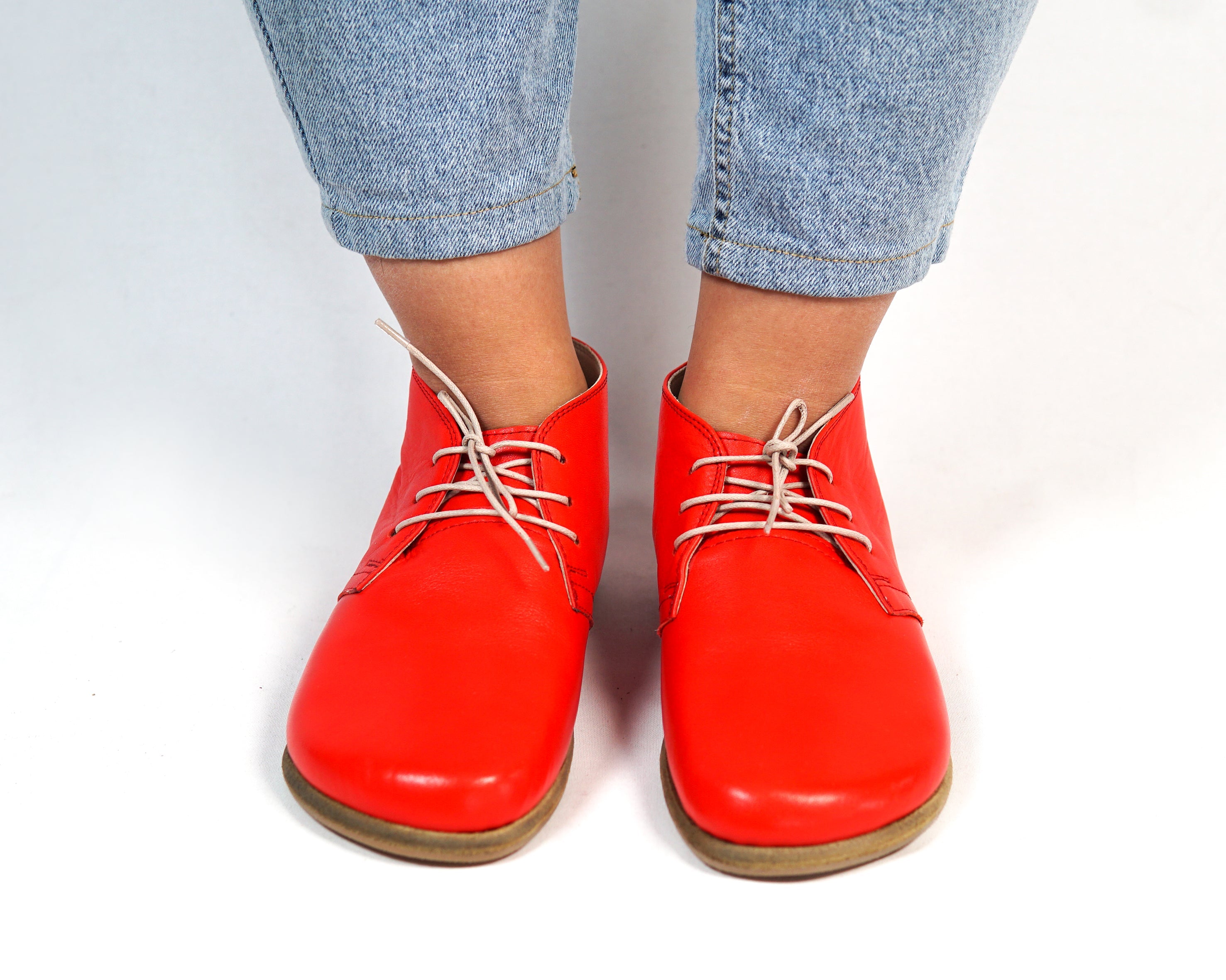 Red Ankle Boots Wide Barefoot Smooth Leather Handmade Shoes 