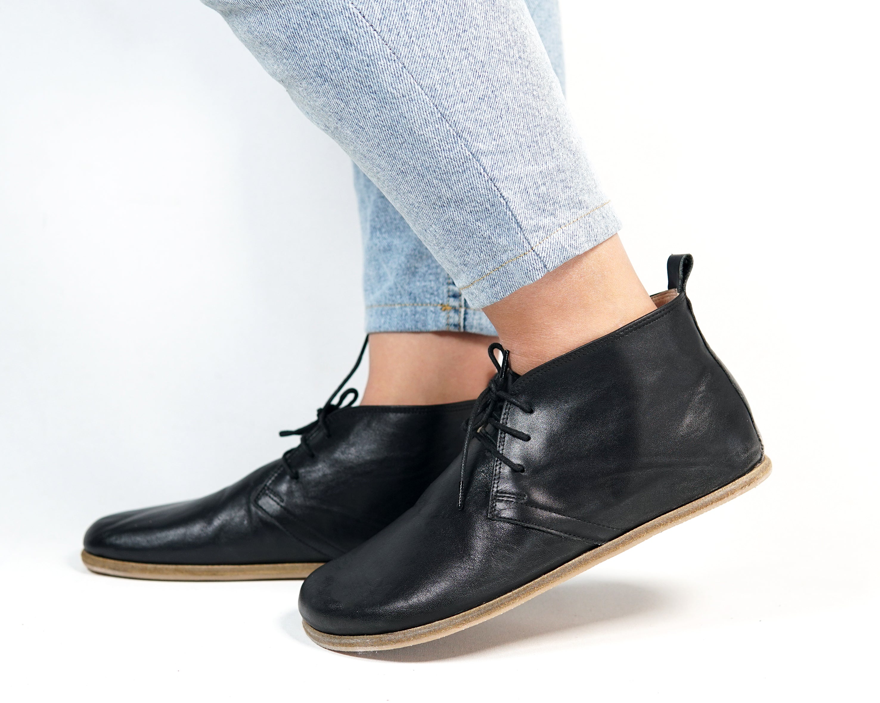 Black Ankle Boots Wide Barefoot Smooth Leather Handmade Shoes