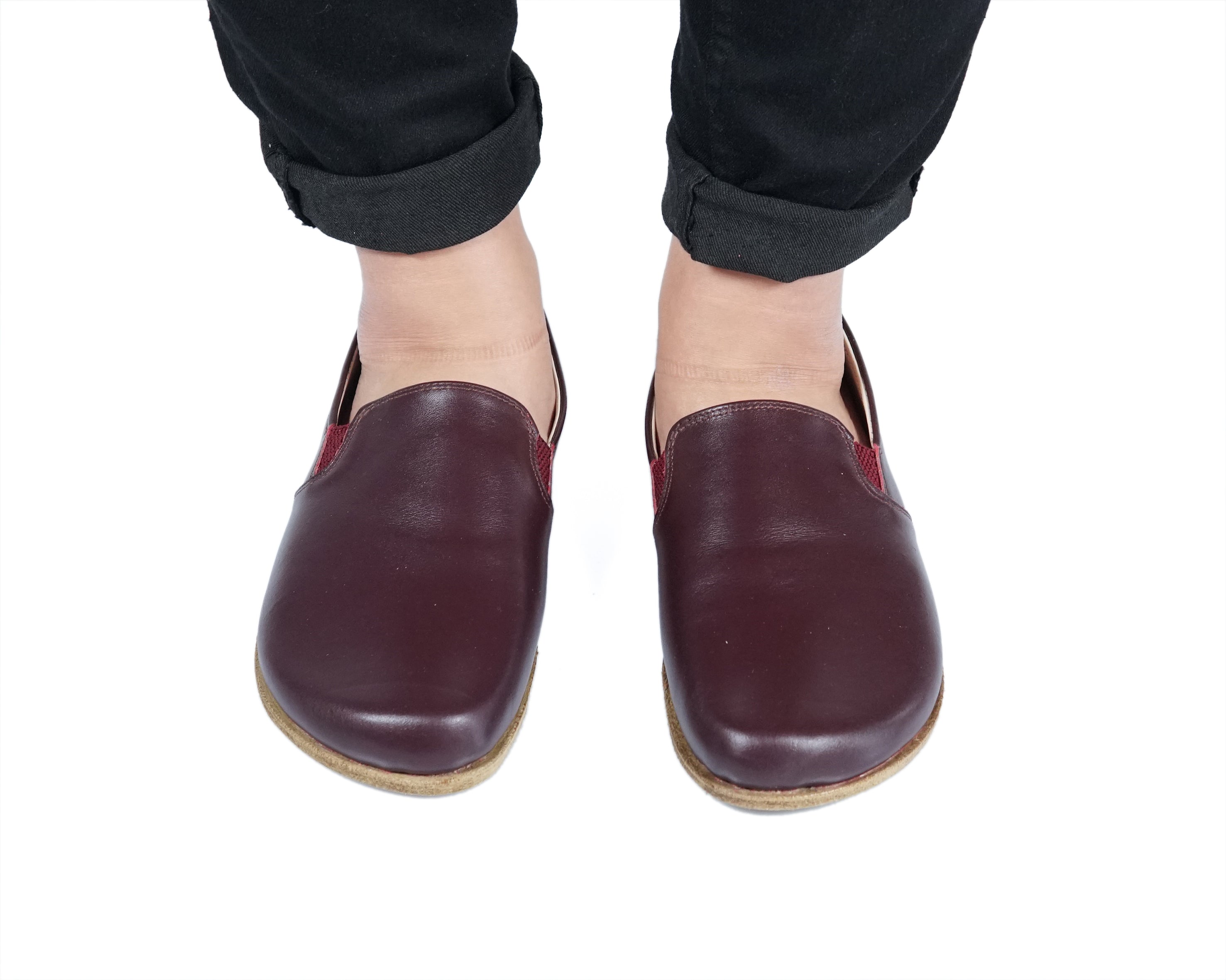 Burgundy Slip-On Wide Barefoot Smooth Leather Handmade Classic Shoes 