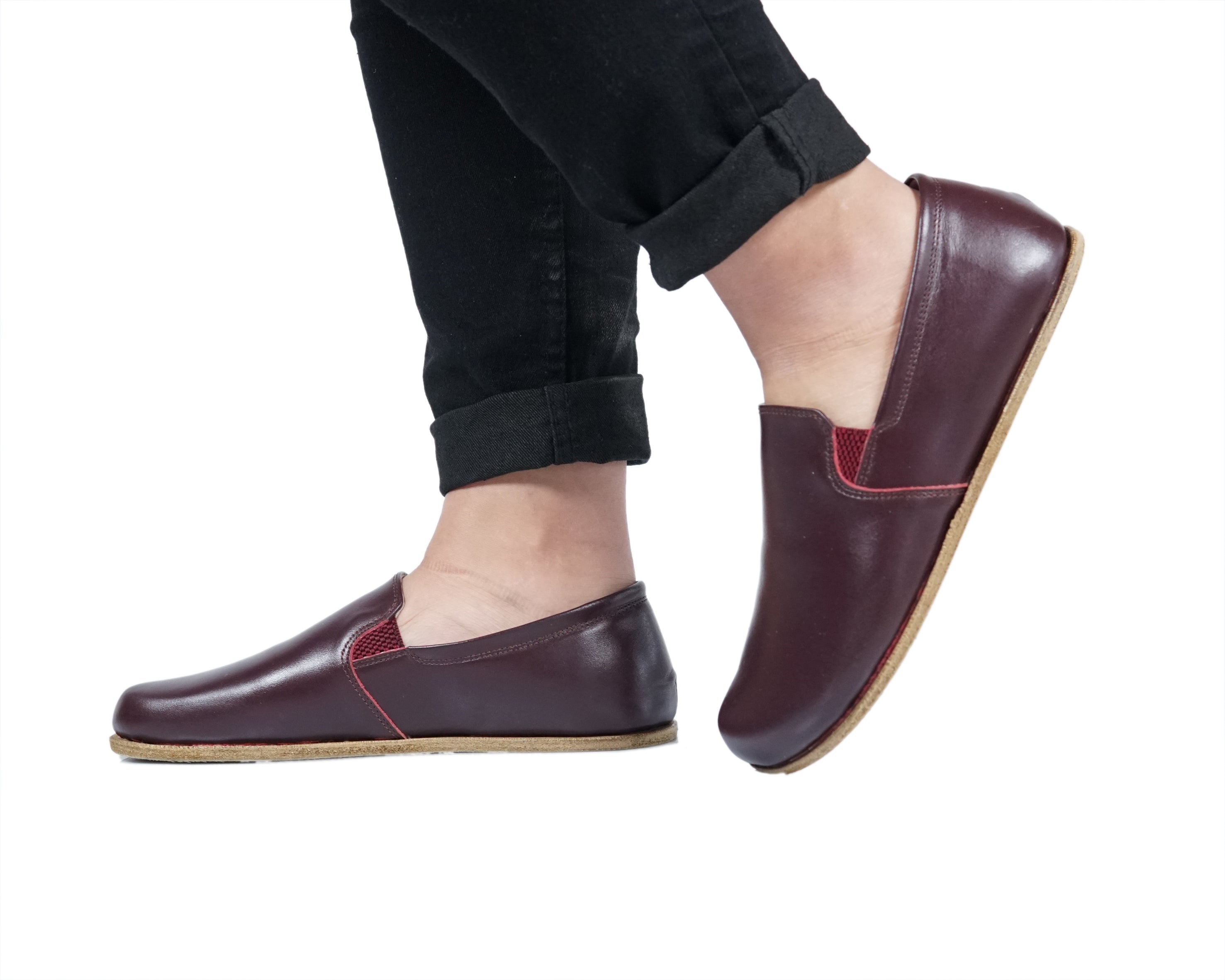 Burgundy Slip-On Wide Barefoot Smooth Leather Handmade Classic Shoes 