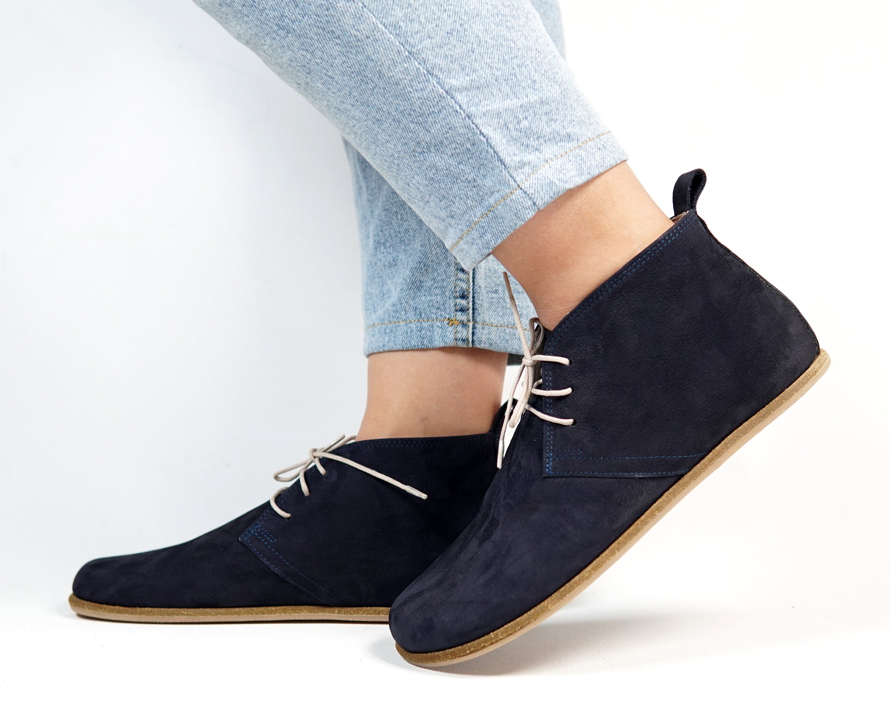 Navy Blue Ankle Boots Wide Barefoot Nubuck Leather Handmade Shoes