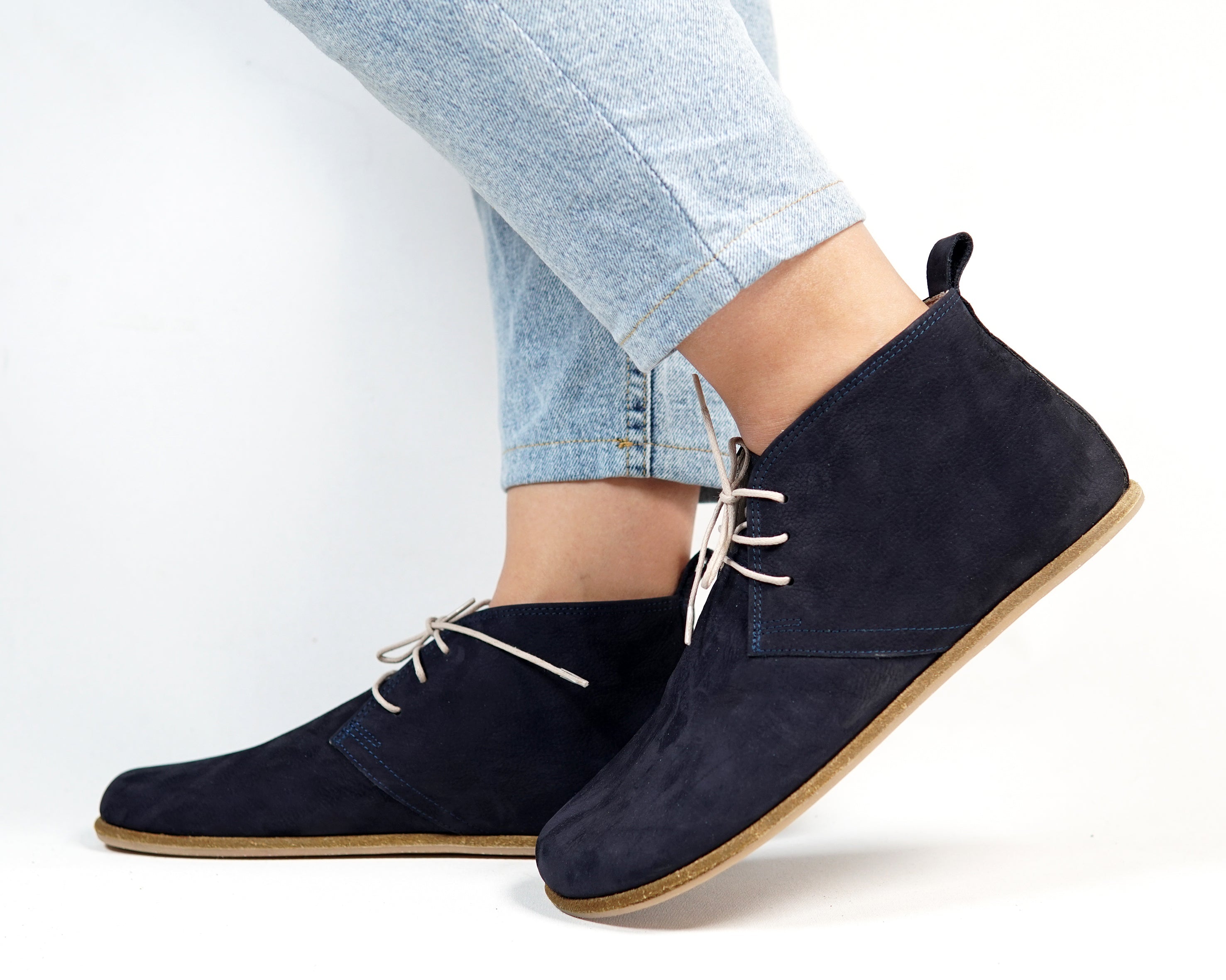 Navy Blue Ankle Boots Wide Barefoot Nubuck Leather Handmade Shoes 