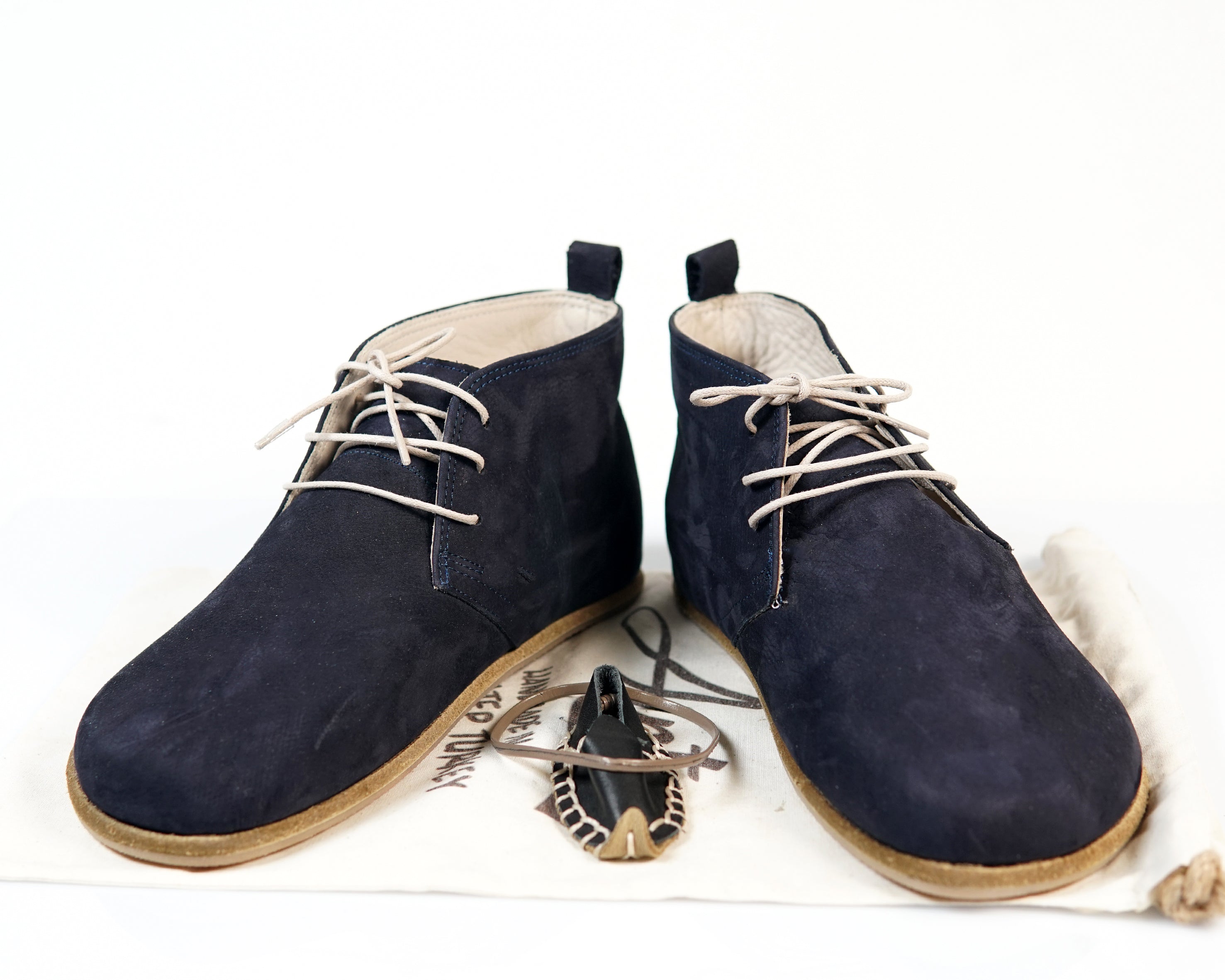 Navy Blue Ankle Boots Wide Barefoot Nubuck Leather Handmade Shoes