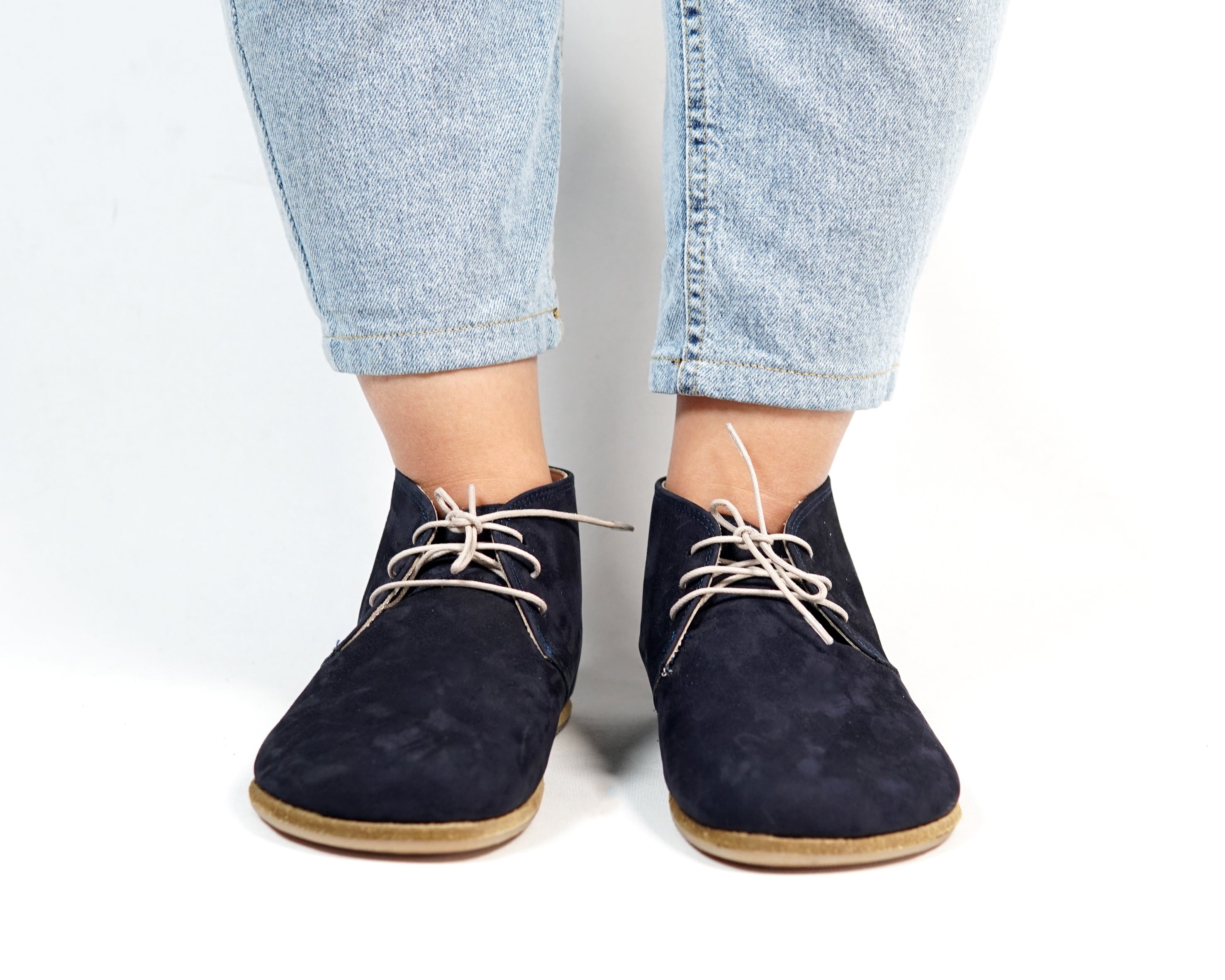 Navy Blue Ankle Boots Wide Barefoot Nubuck Leather Handmade Shoes 