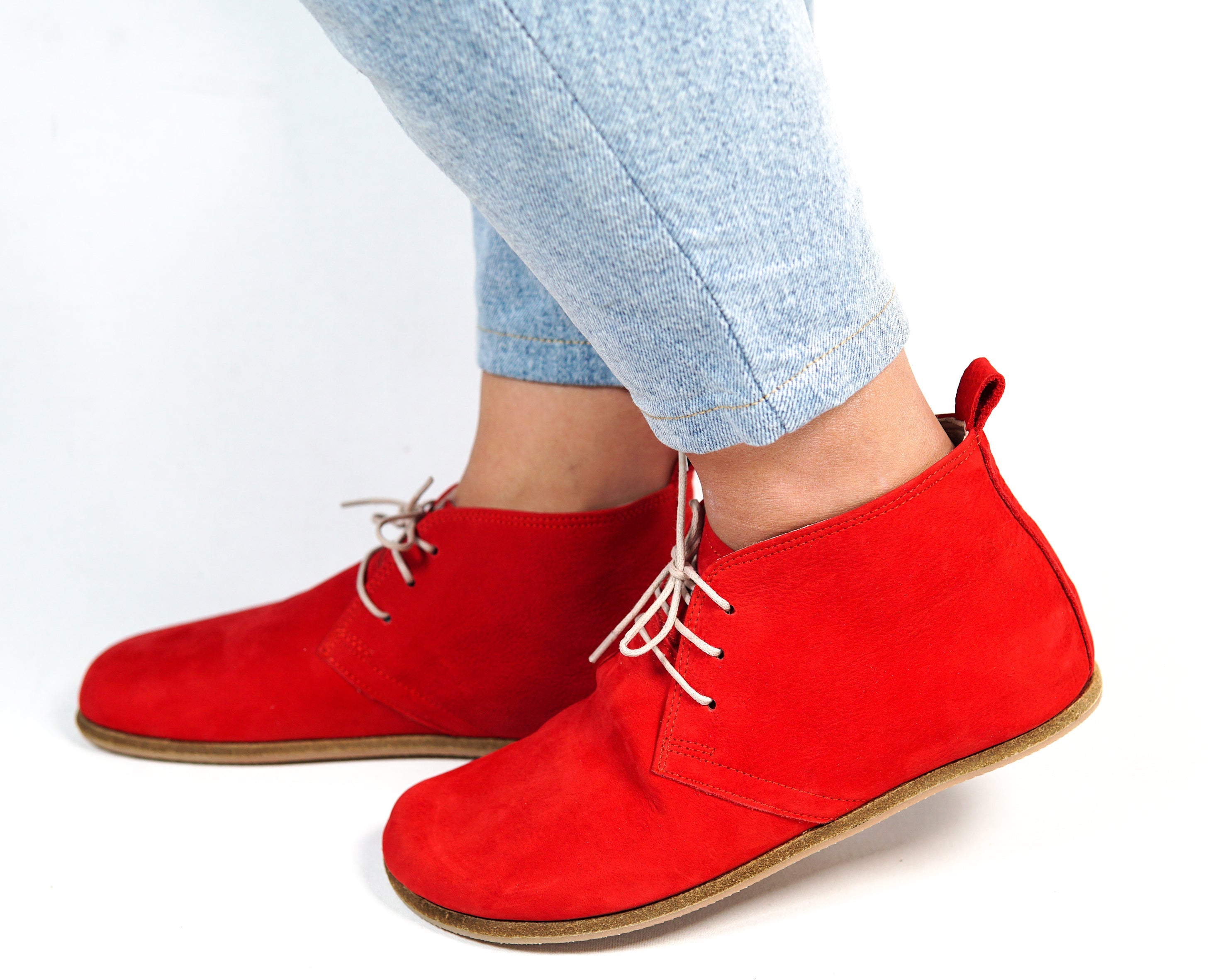 Red Ankle Boots Wide Barefoot Nubuck Leather Handmade Shoes 