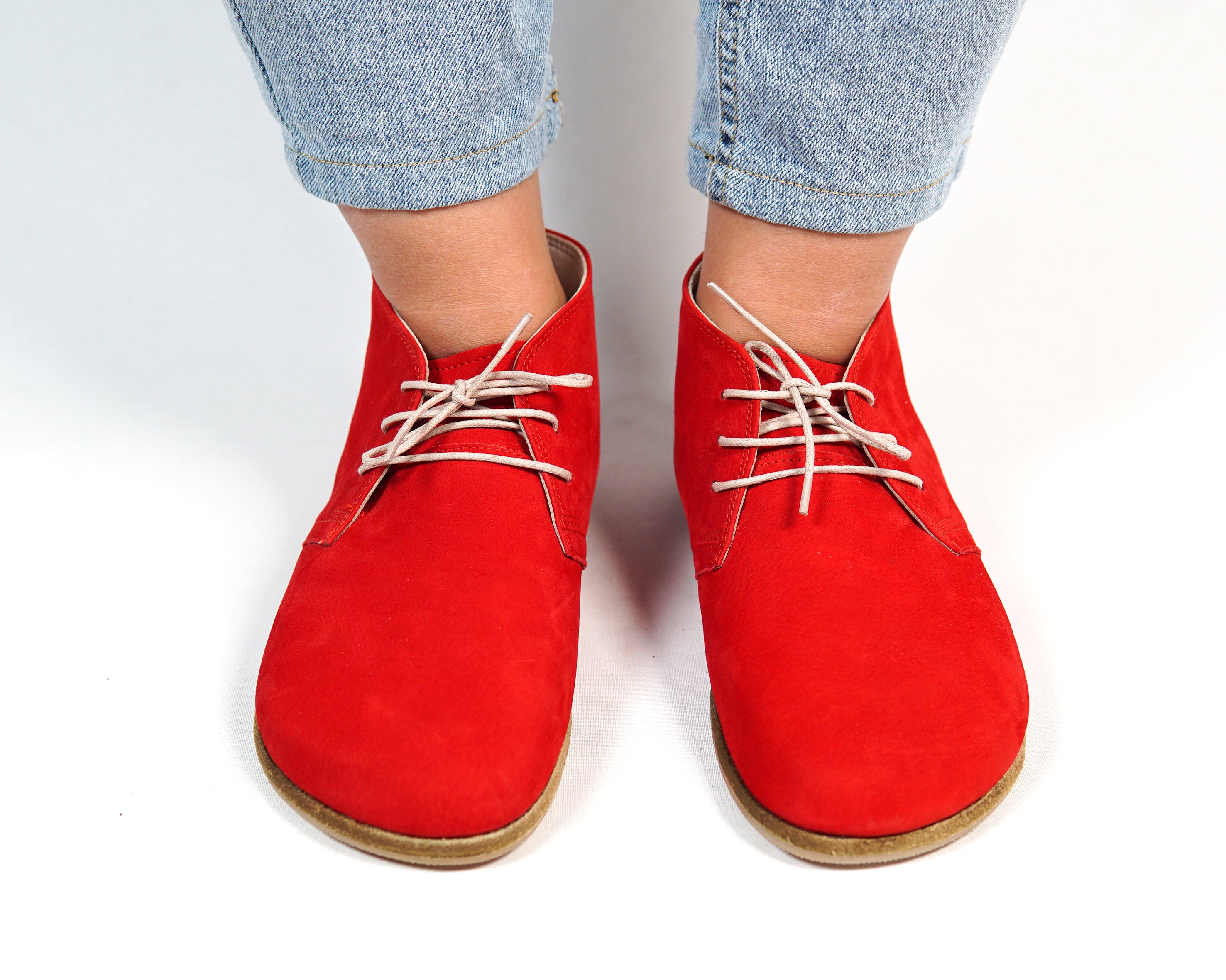 Red Ankle Boots Wide Barefoot Nubuck Leather Handmade Shoes