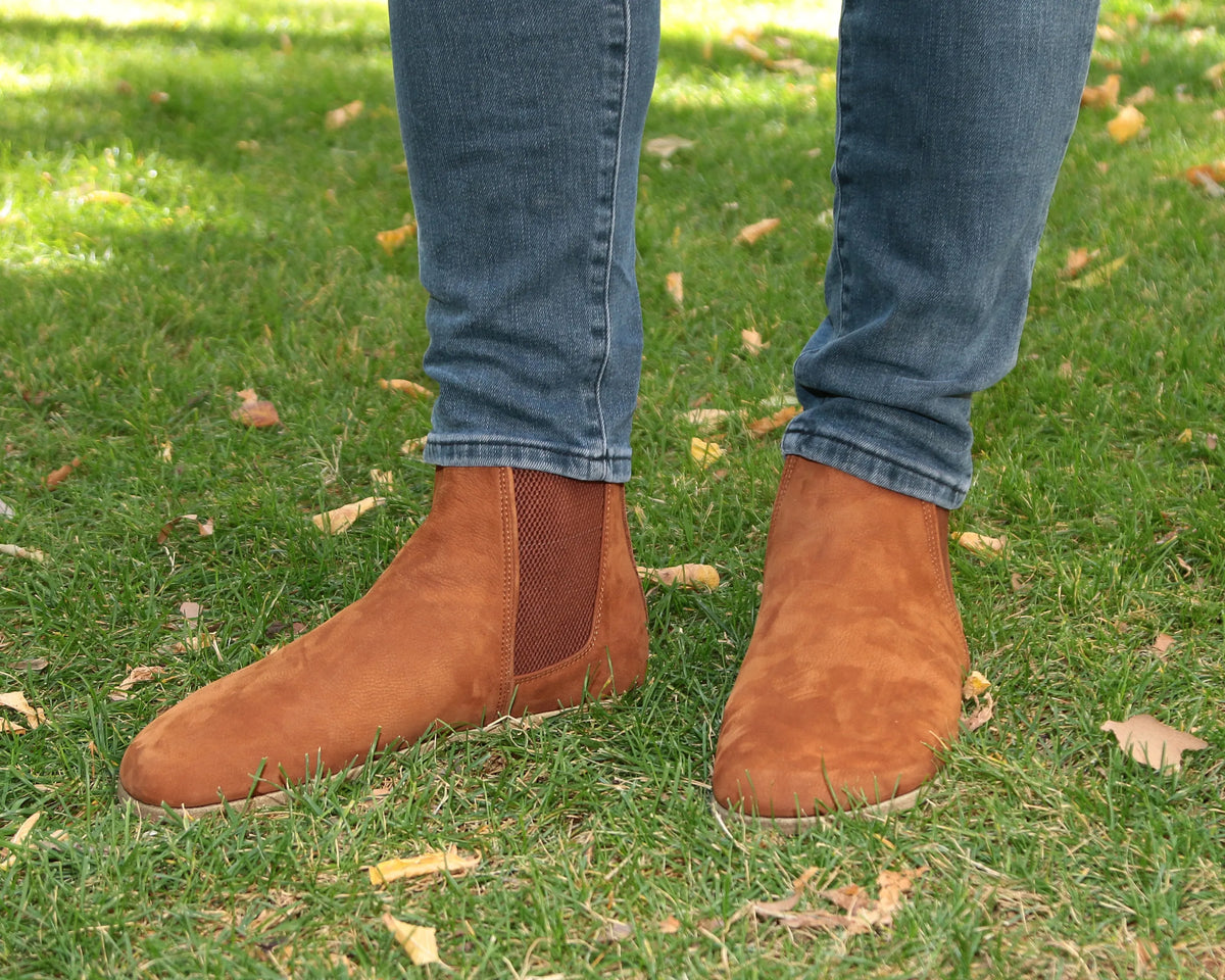 Nubuck Barefoot Chelsea Boots Shoes – Classic Sole — Leather Sole – Tan