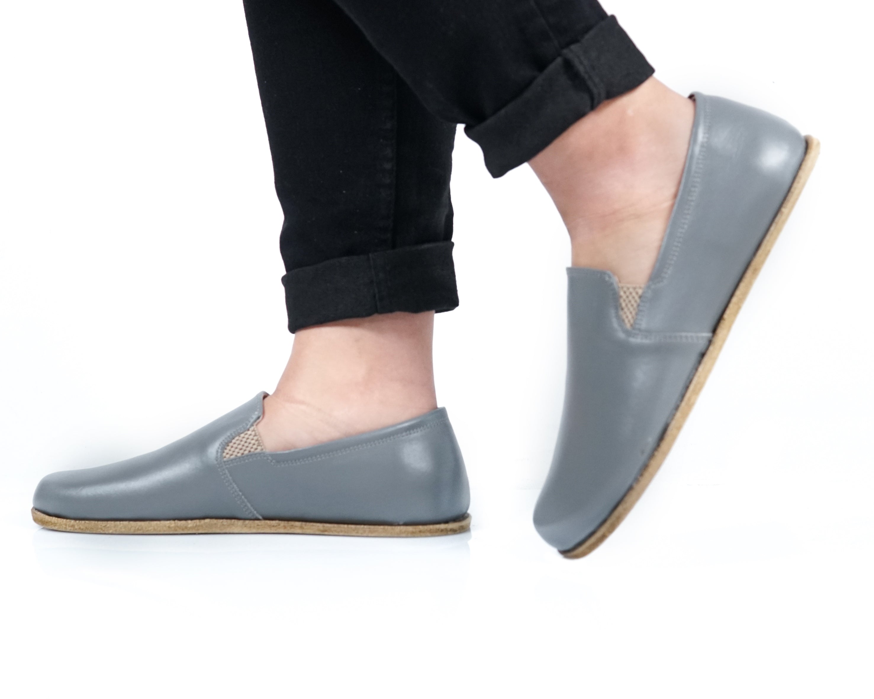 Gray Slip-On Wide Barefoot Smooth Leather Handmade Classic Shoes 