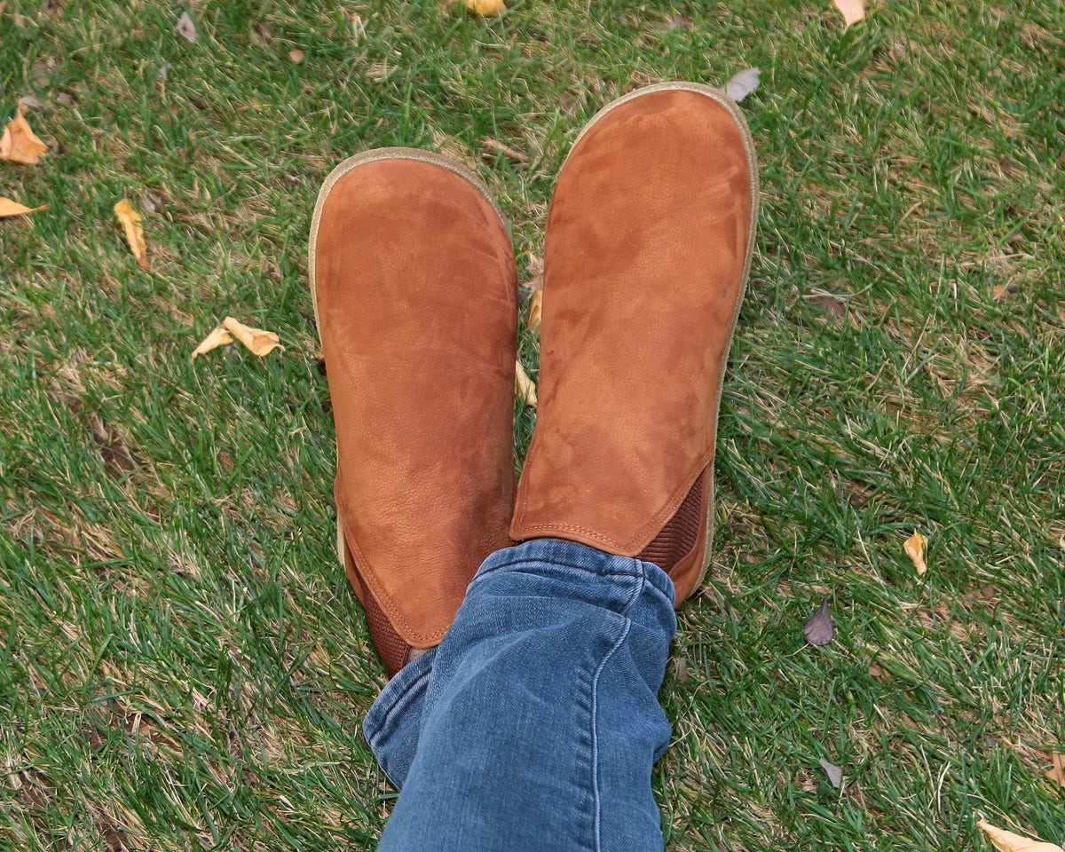 Nubuck Barefoot Chelsea Boots Shoes – Classic Sole — Leather Sole – Tan