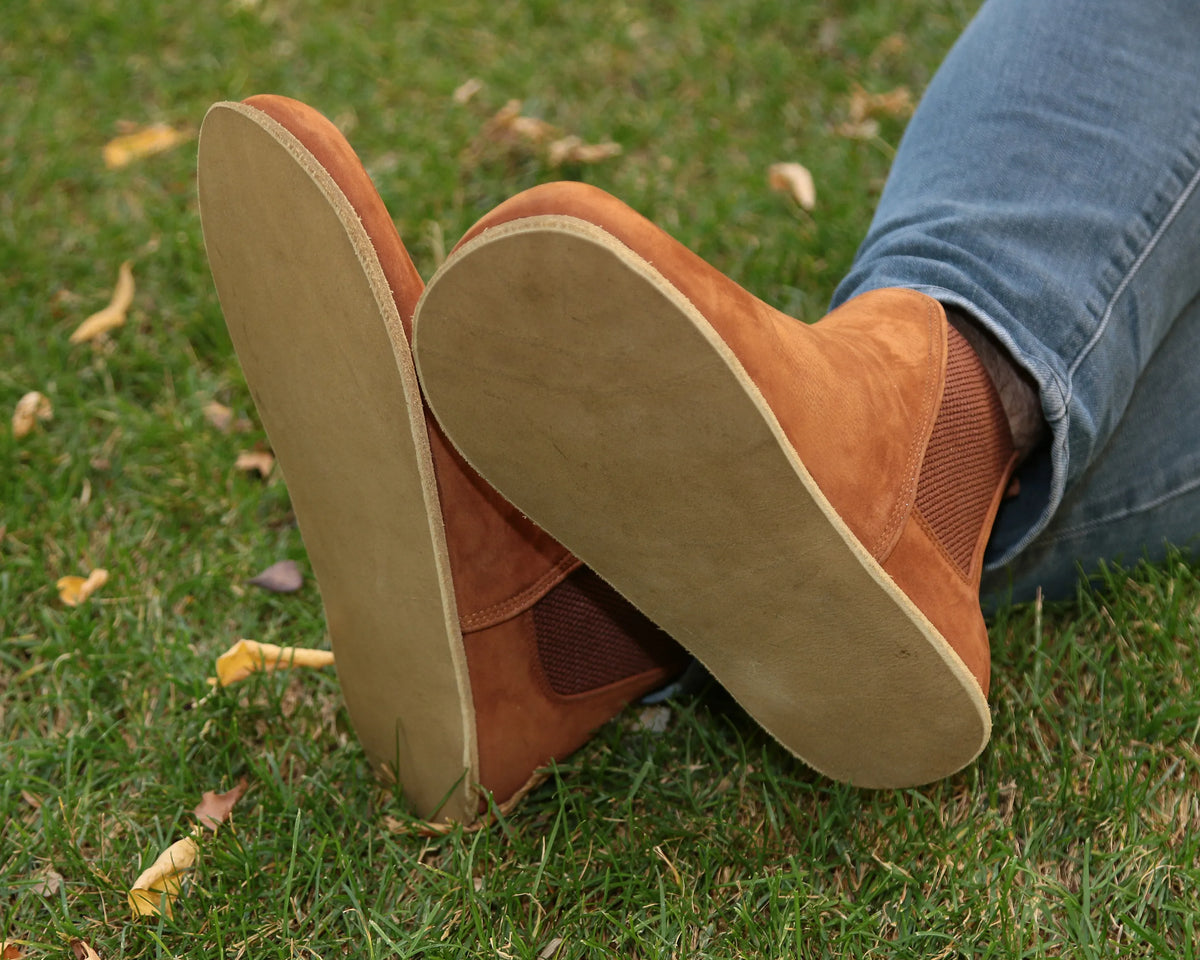Nubuck Barefoot Chelsea Boots Shoes – Classic Sole — Leather Sole – Tan