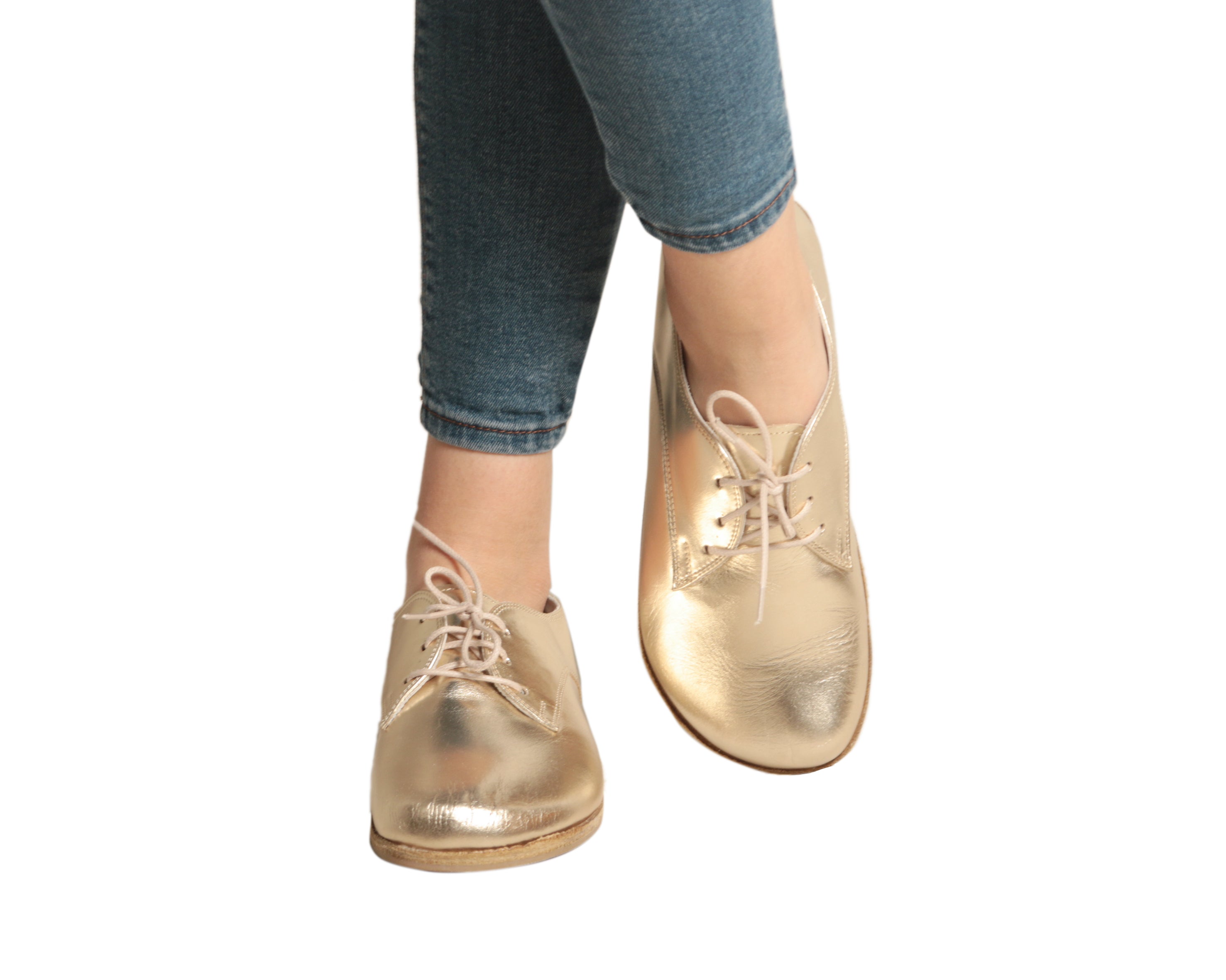 Gold Oxford Wide Barefoot Smooth Leather Handmade Classic Shoes 