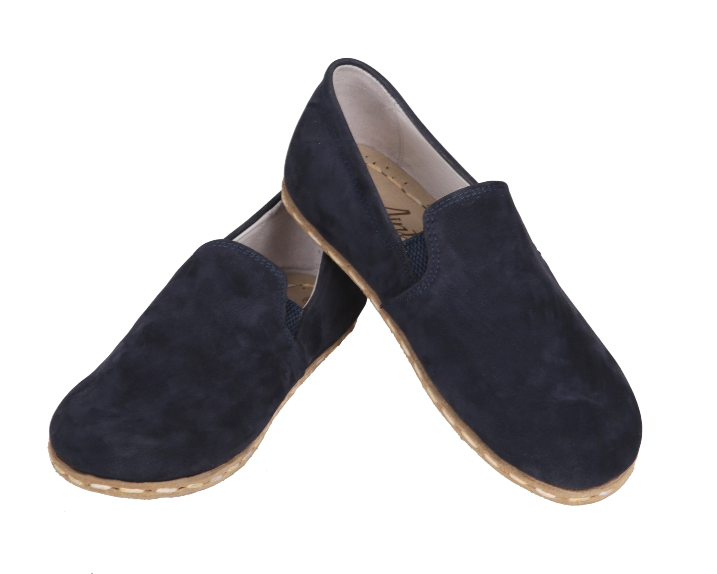 Navy Blue Slip-On Wide Barefoot Nubuck Leather Handmade Sport Shoes 