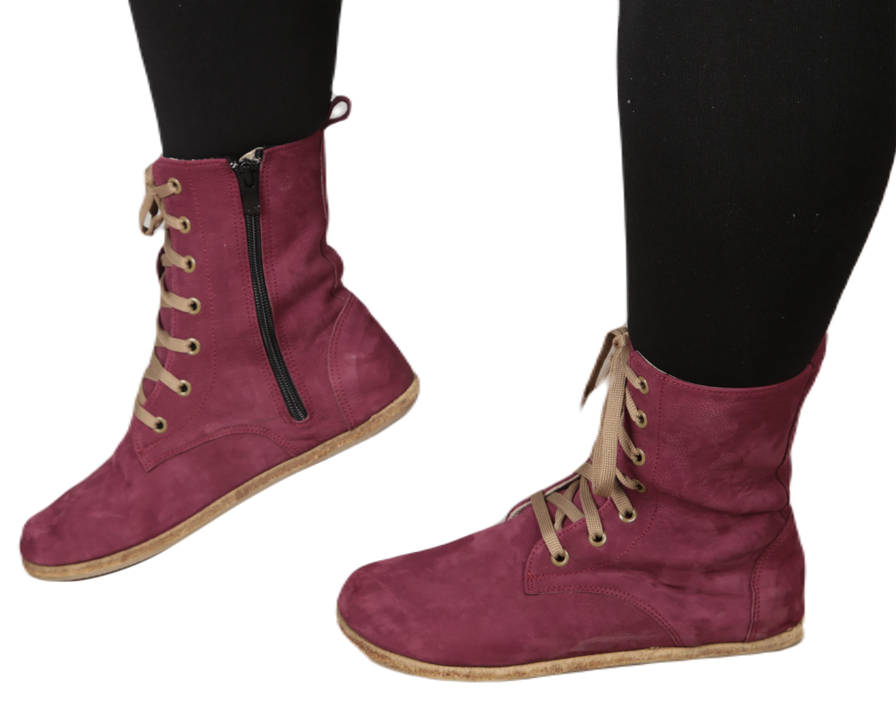 Burgundy Long Boots Wide Barefoot Nubuck Leather Handmade Shoes 