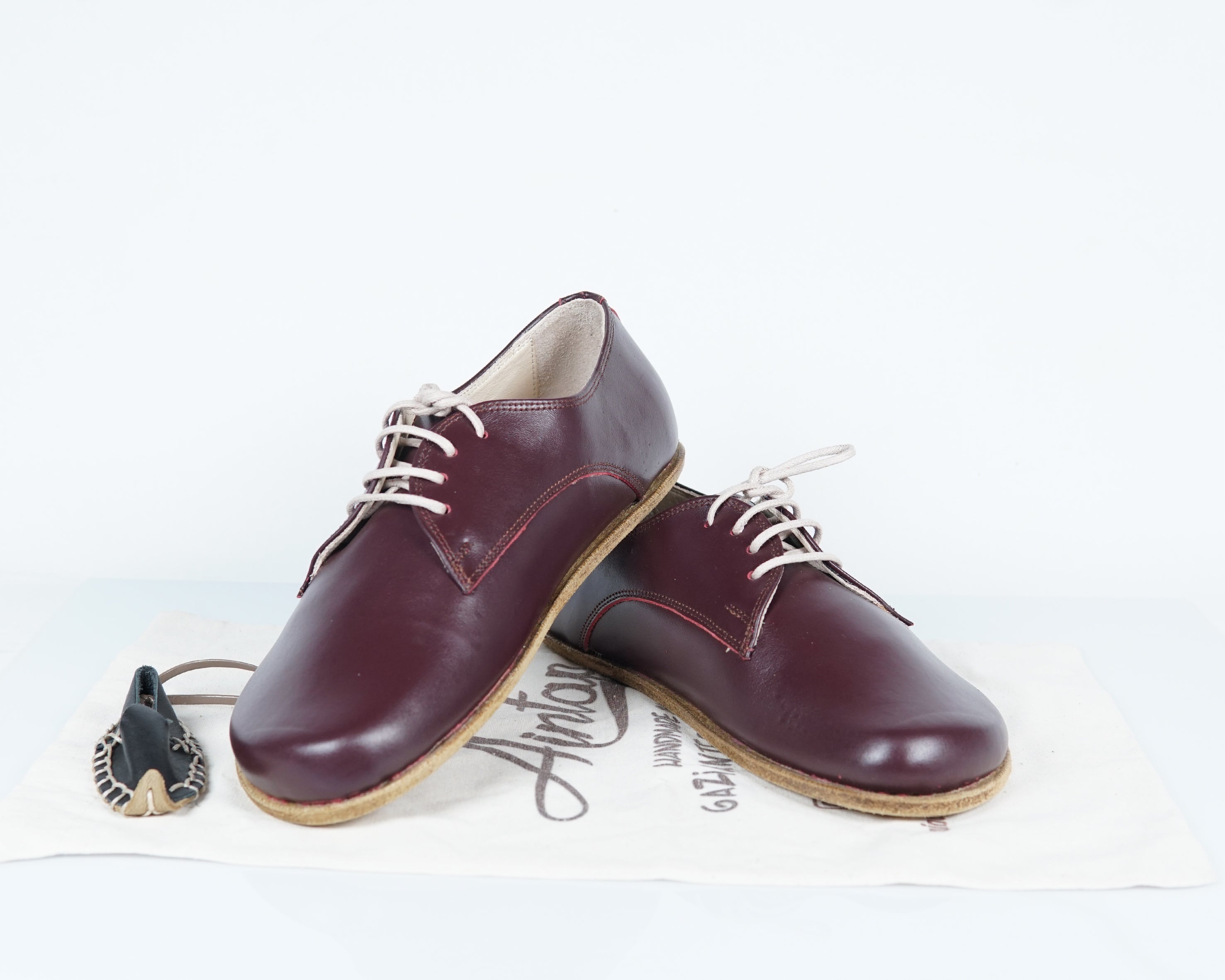 Burgundy Oxford Wide Barefoot Smooth Leather Handmade Classic Shoes 
