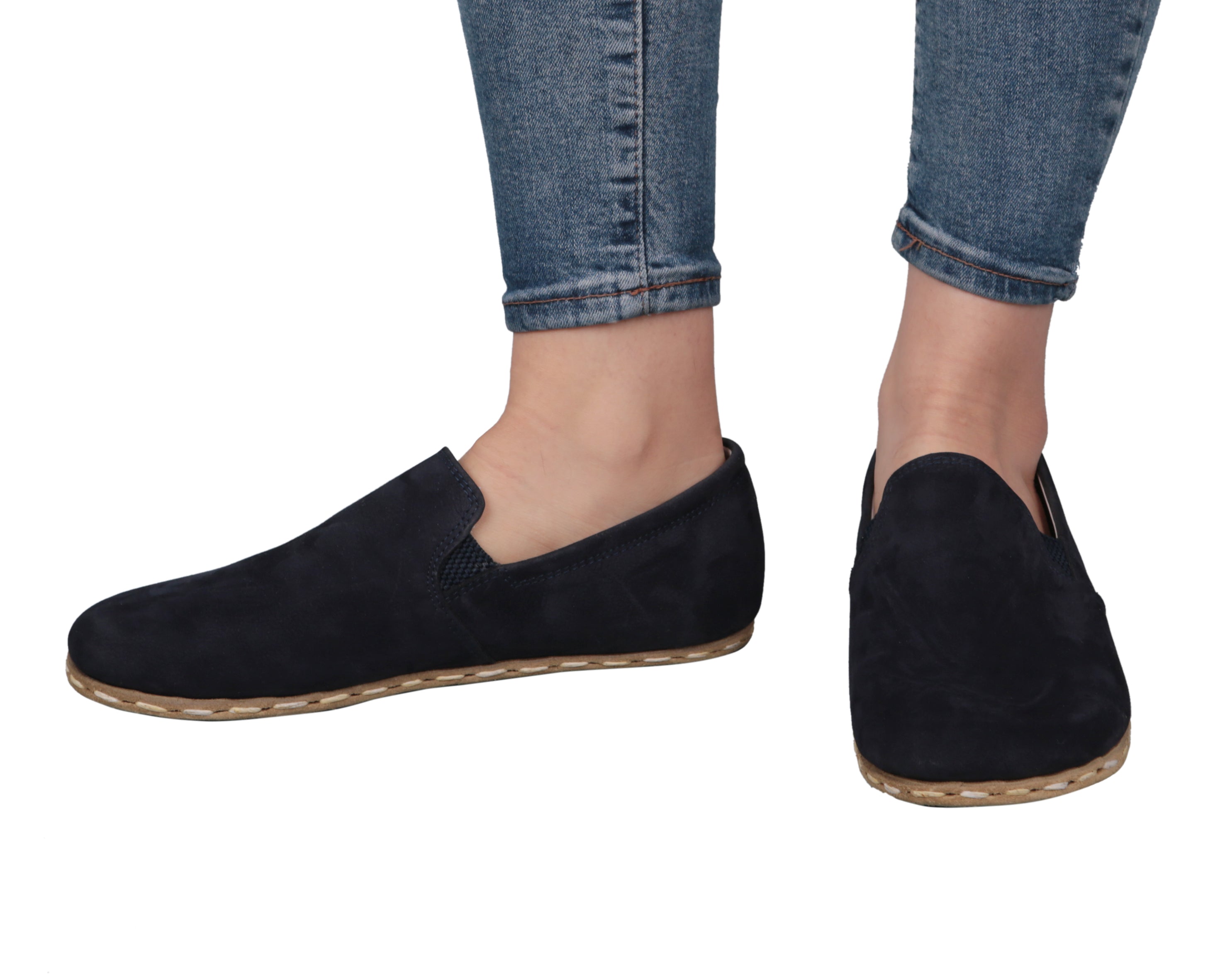 Navy Blue Slip-On Wide Barefoot Nubuck Leather Handmade Sport Shoes