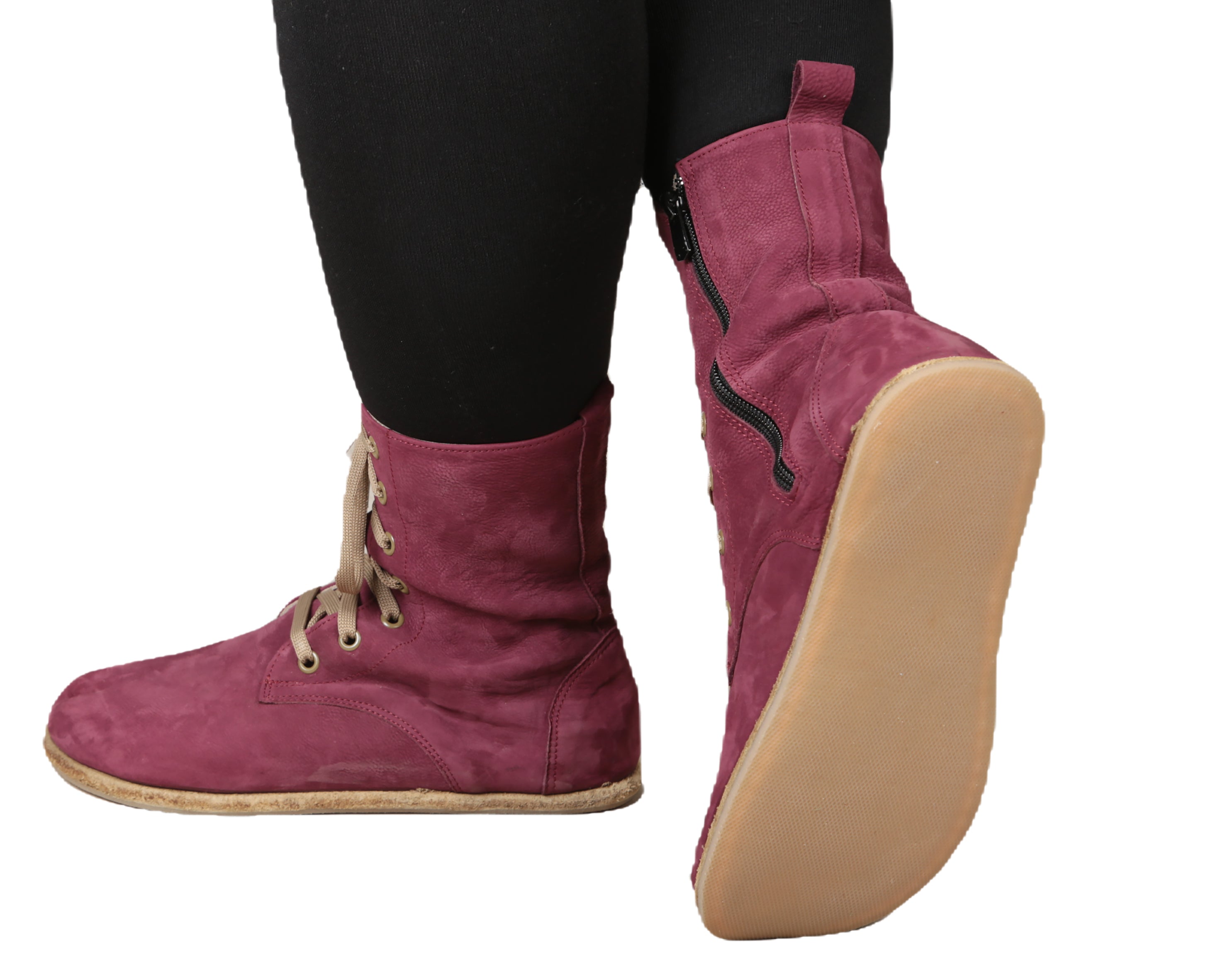 Burgundy Long Boots Wide Barefoot Nubuck Leather Handmade Shoes 