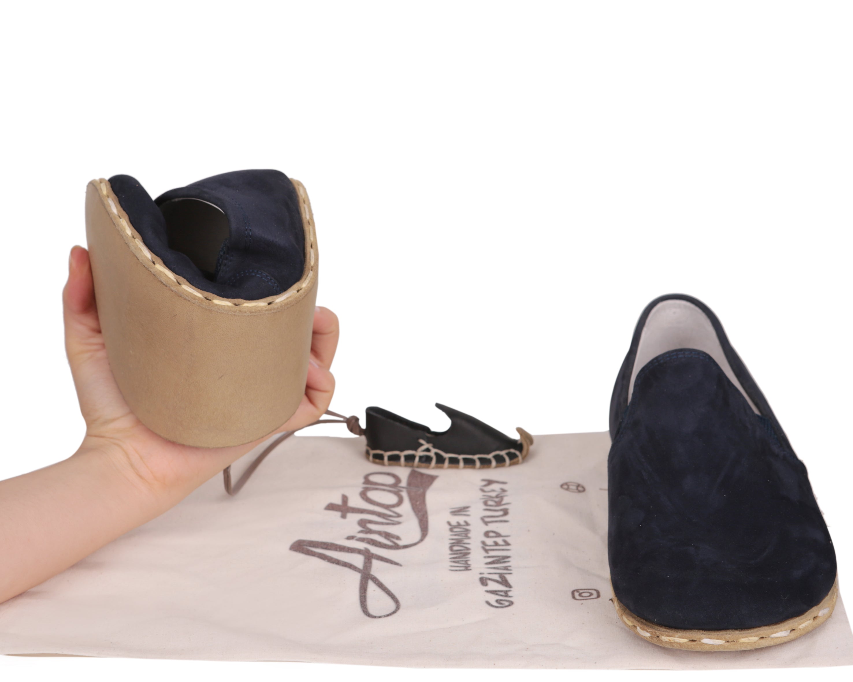 Navy Blue Slip-On Wide Barefoot Nubuck Leather Handmade Sport Shoes 