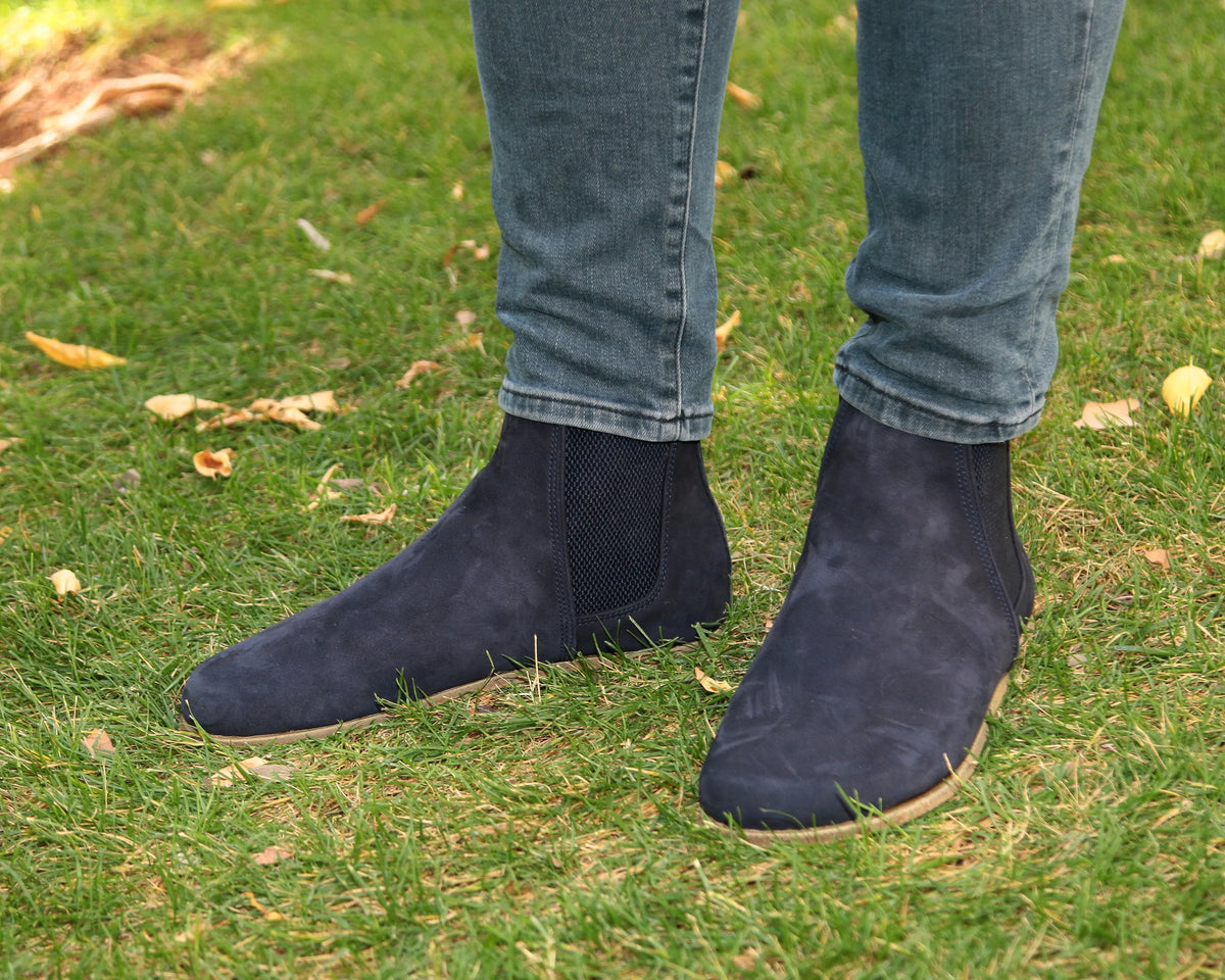 Nubuck Barefoot Chelsea Boots Shoes – Classic Sole — Leather Sole – Navy Blue