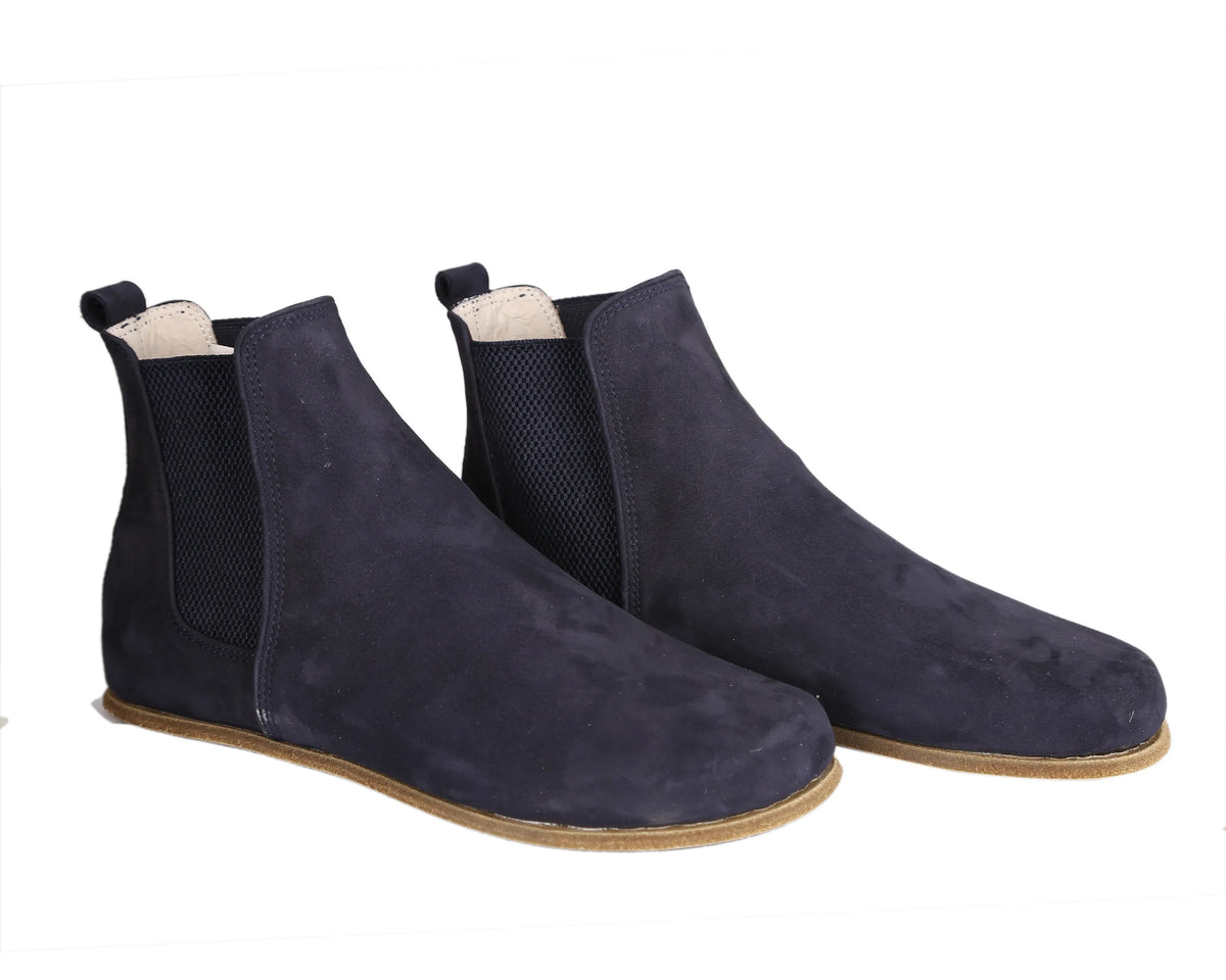 Nubuck Barefoot Chelsea Boots Shoes – Classic Sole — Leather Sole – Navy Blue