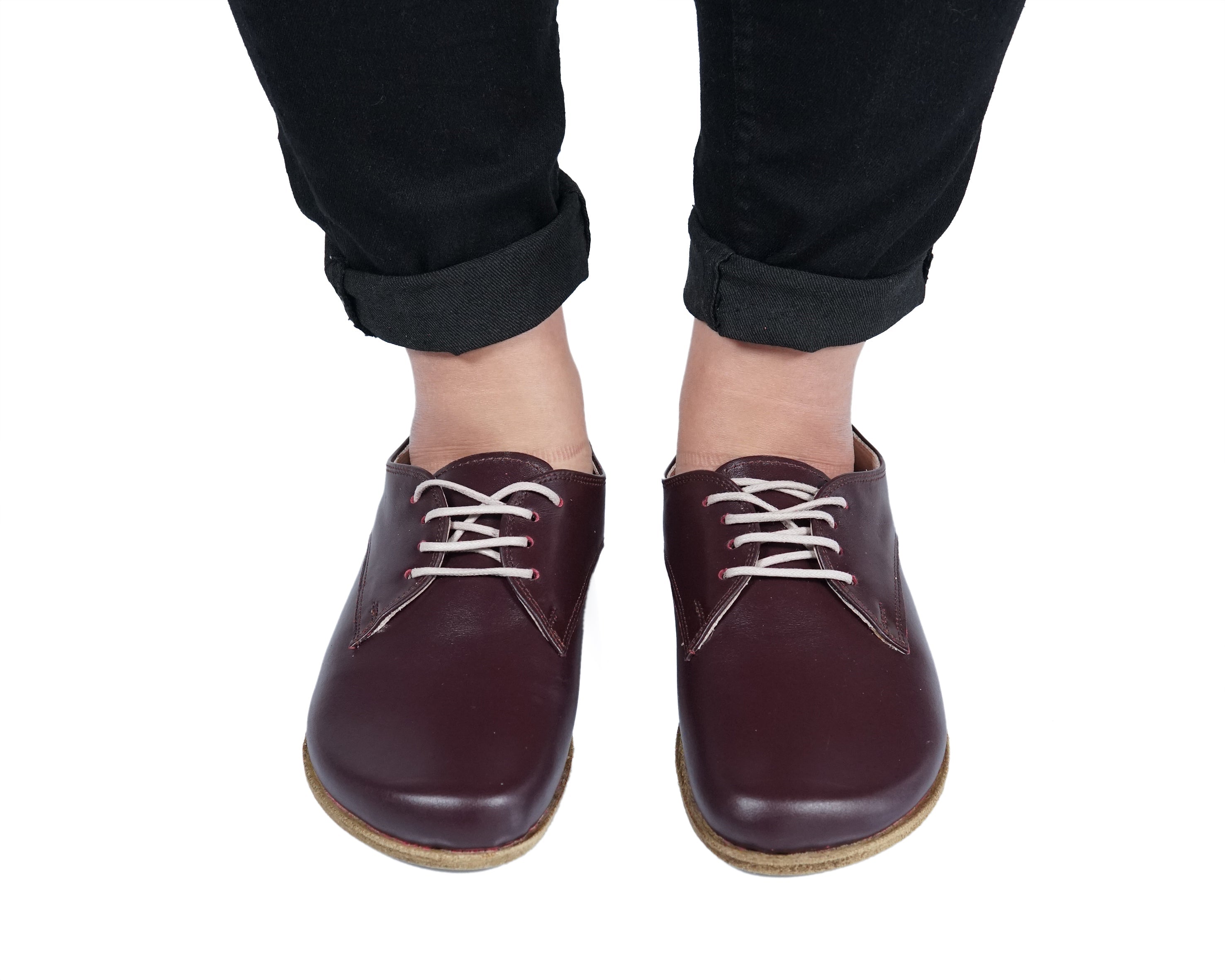 Burgundy Oxford Wide Barefoot Smooth Leather Handmade Classic Shoes 