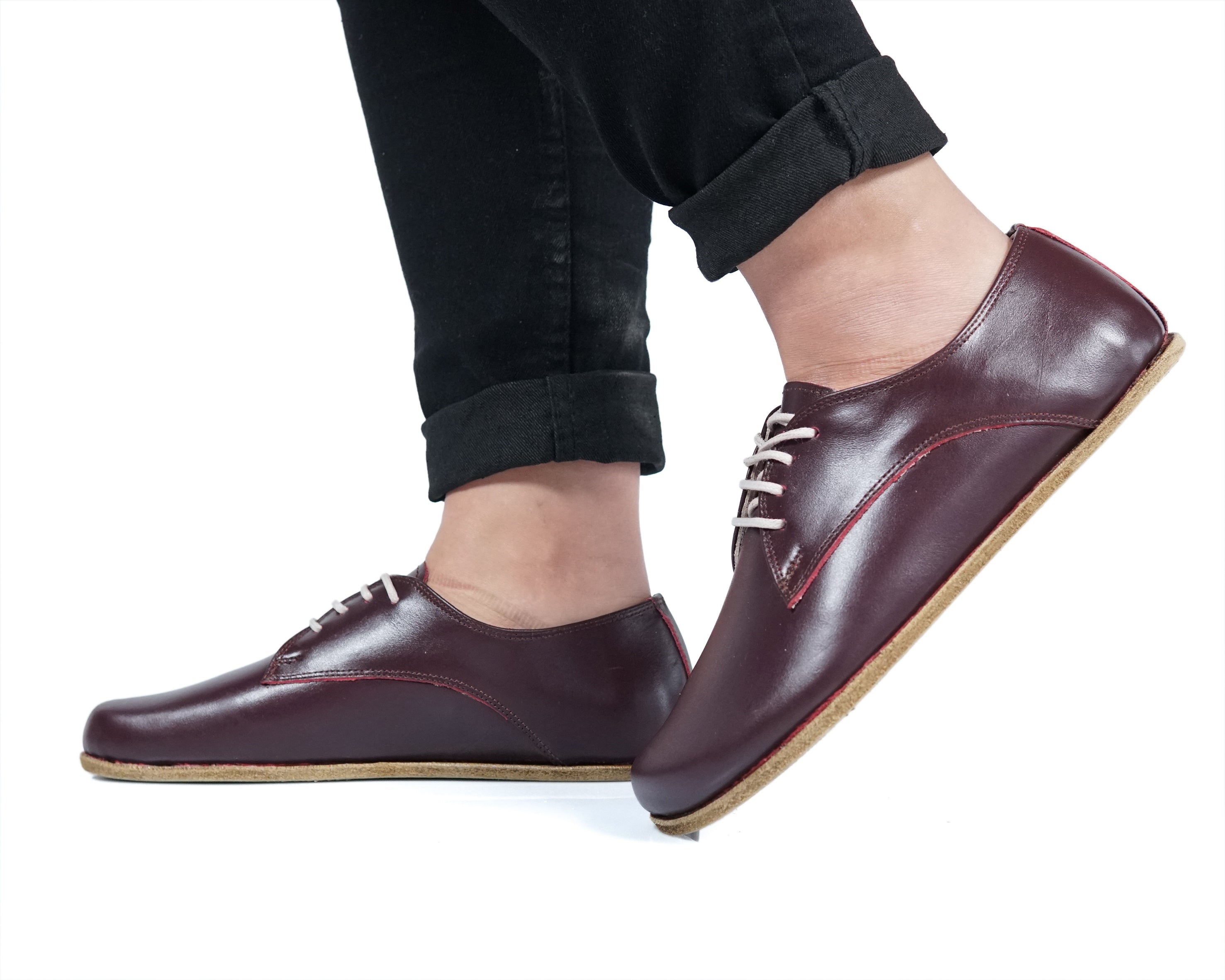 Burgundy Oxford Wide Barefoot Smooth Leather Handmade Classic Shoes 