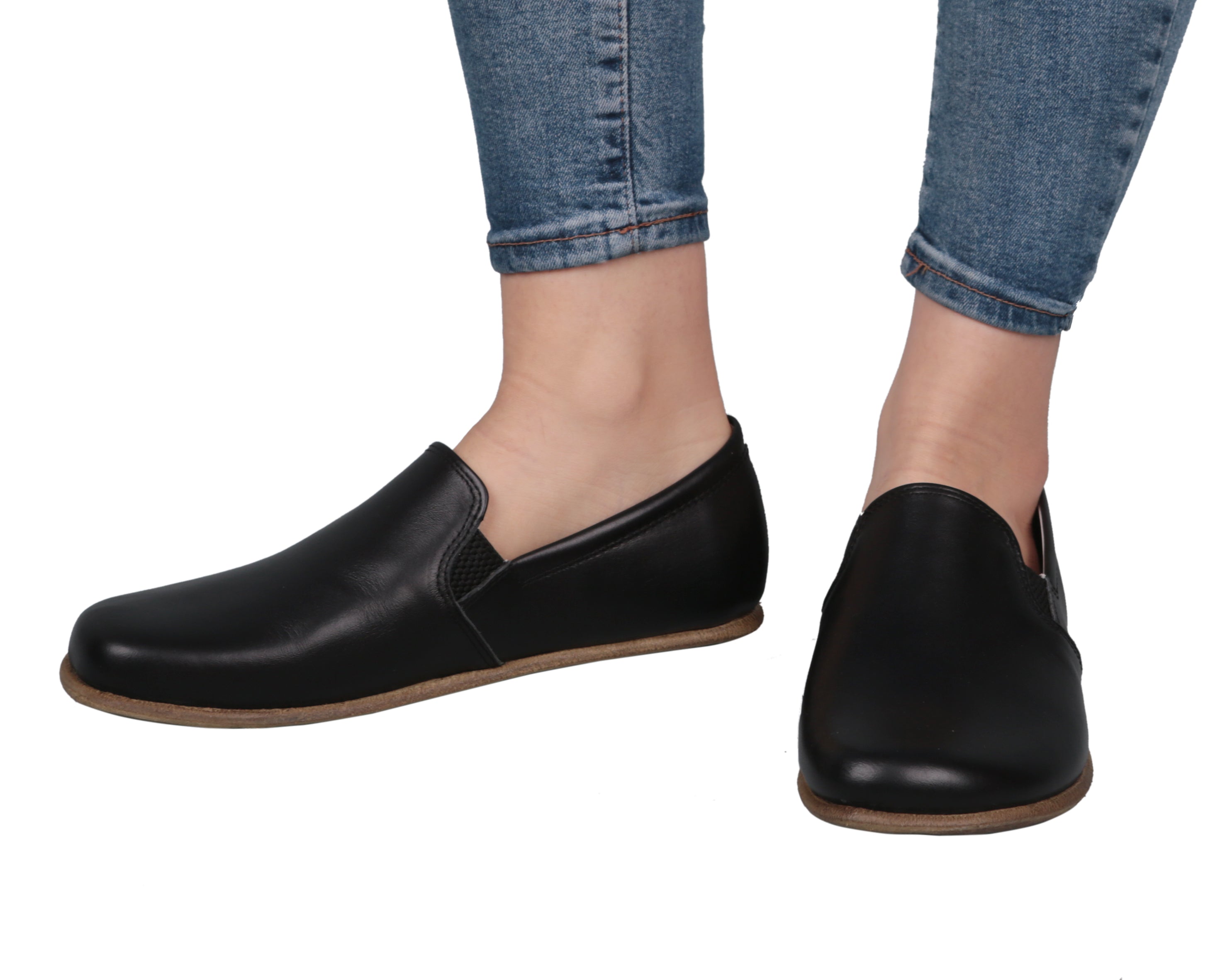 Black Slip-On Wide Barefoot Smooth Leather Handmade Classic Shoes