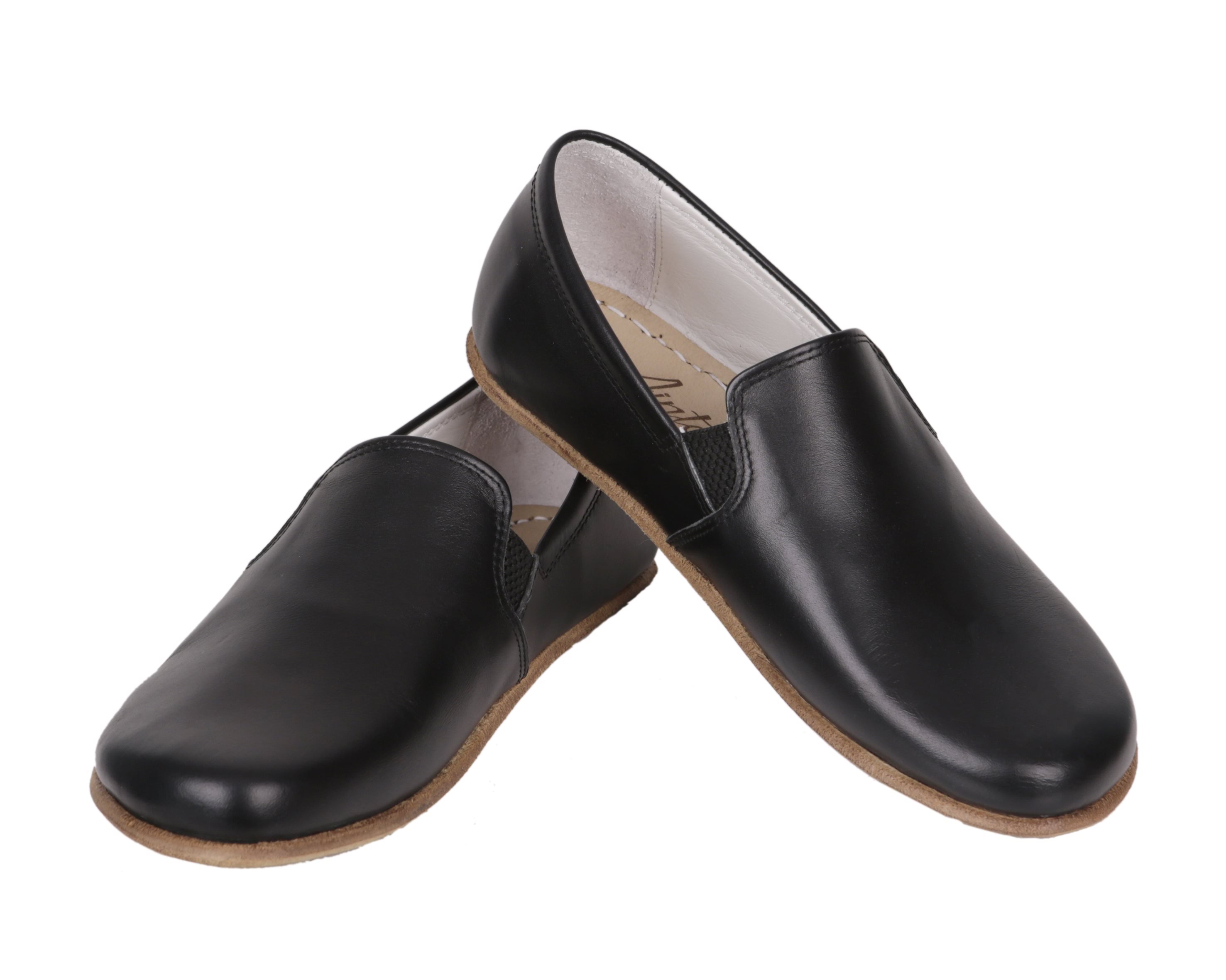 Black Slip-On Wide Barefoot Smooth Leather Handmade Classic Shoes Slip-On Leather Outsole