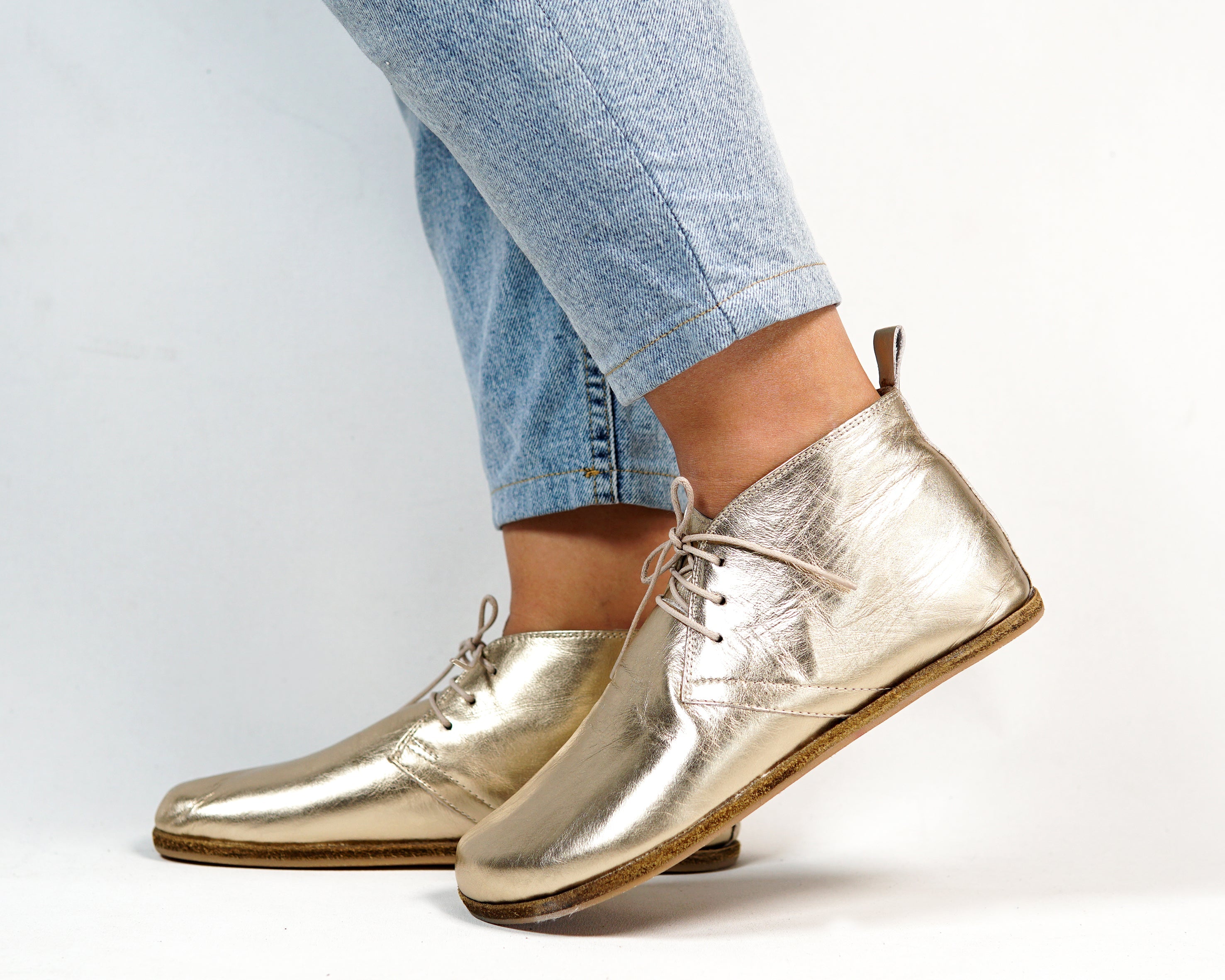 Gold Ankle Boots Wide Barefoot Smooth Leather Handmade Shoes 