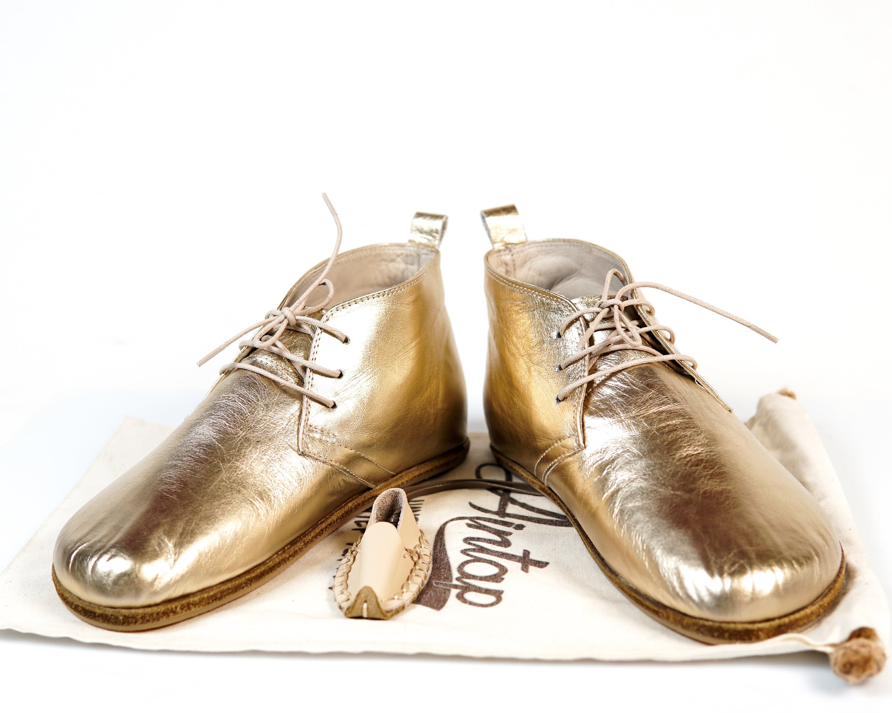 Gold Ankle Boots Wide Barefoot Smooth Leather Handmade Shoes 