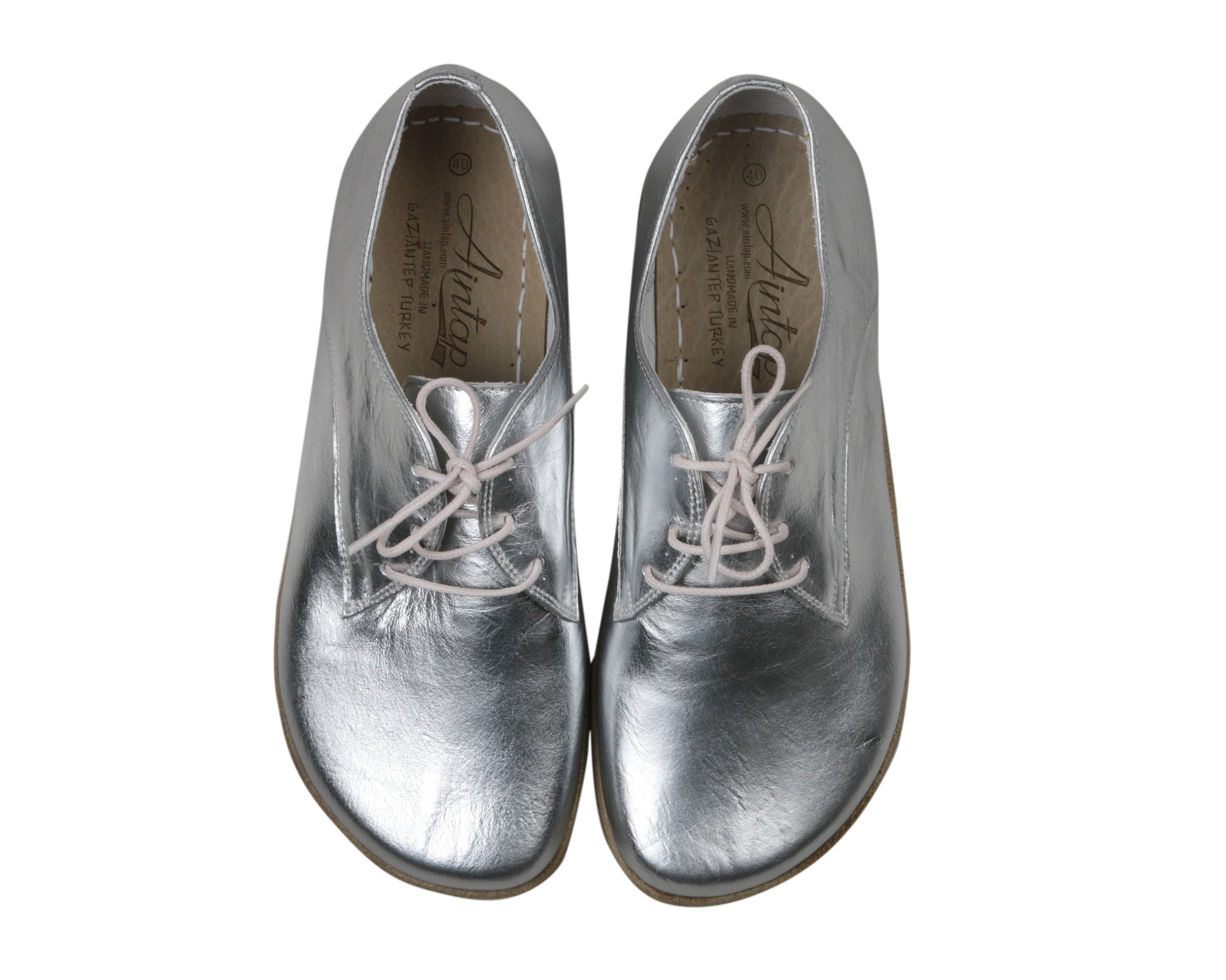 Silver Oxford Wide Barefoot Smooth Leather Handmade Classic Shoes