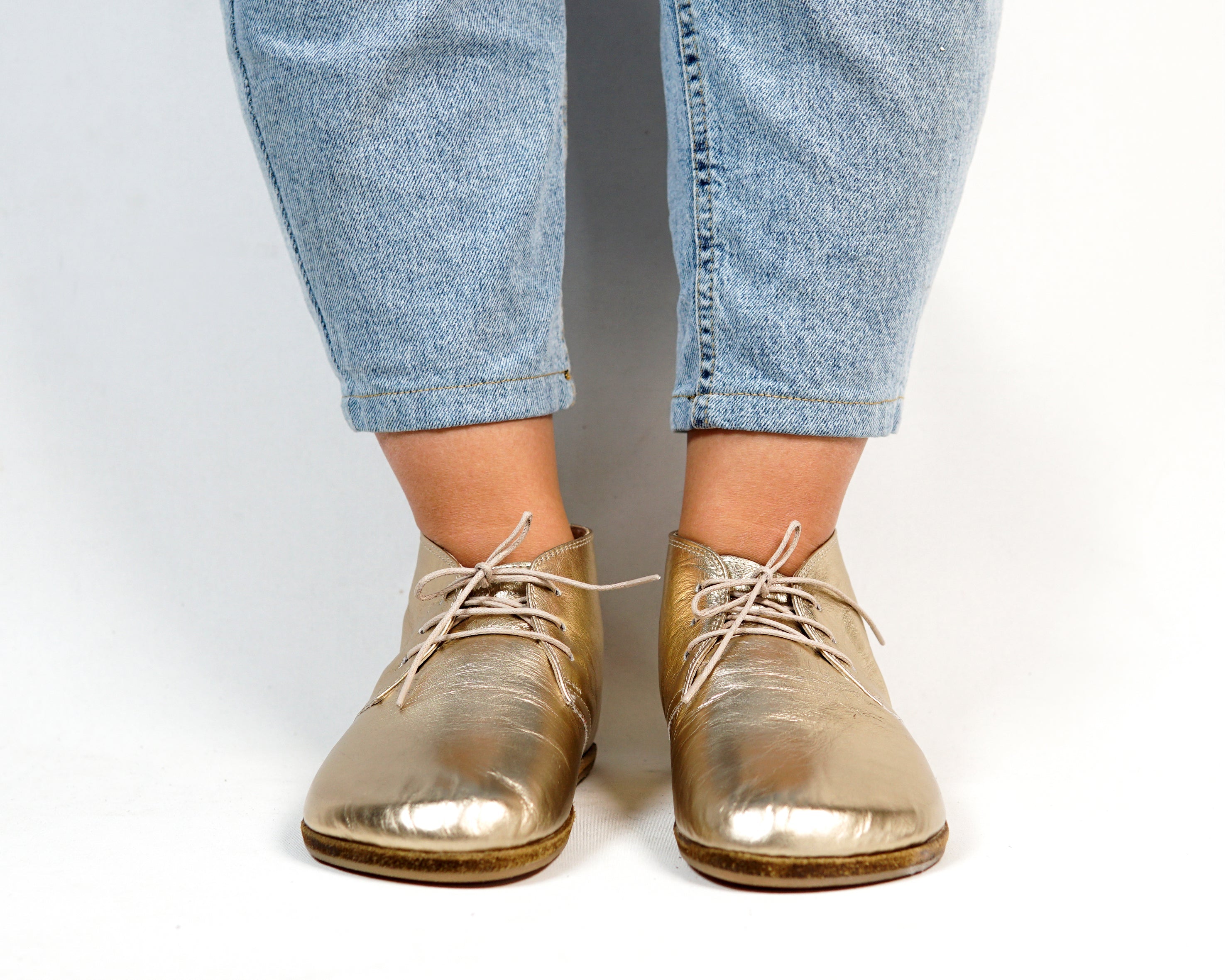 Gold Ankle Boots Wide Barefoot Smooth Leather Handmade Shoes 