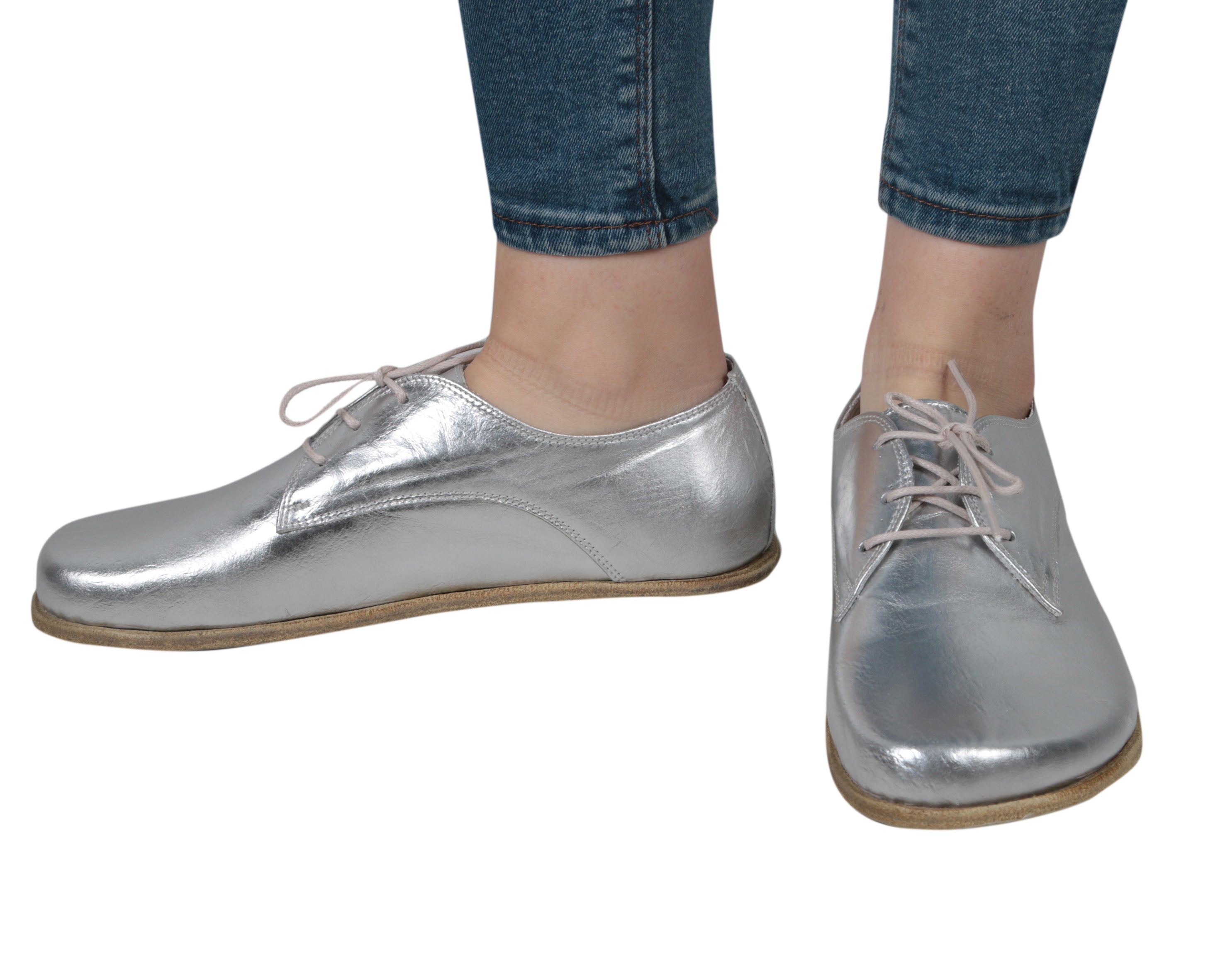 Silver Oxford Wide Barefoot Smooth Leather Handmade Classic Shoes 