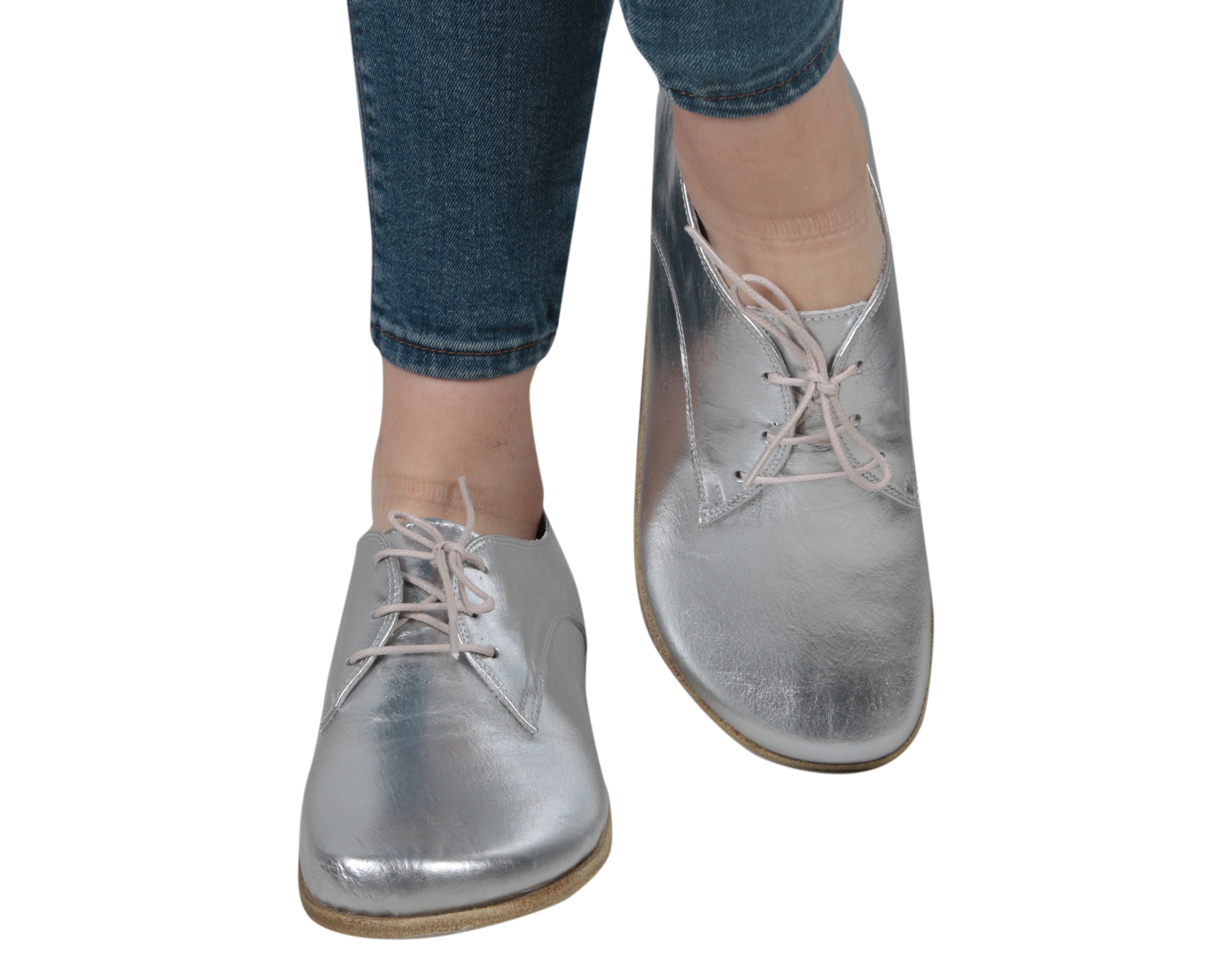 Silver Oxford Wide Barefoot Smooth Leather Handmade Classic Shoes 