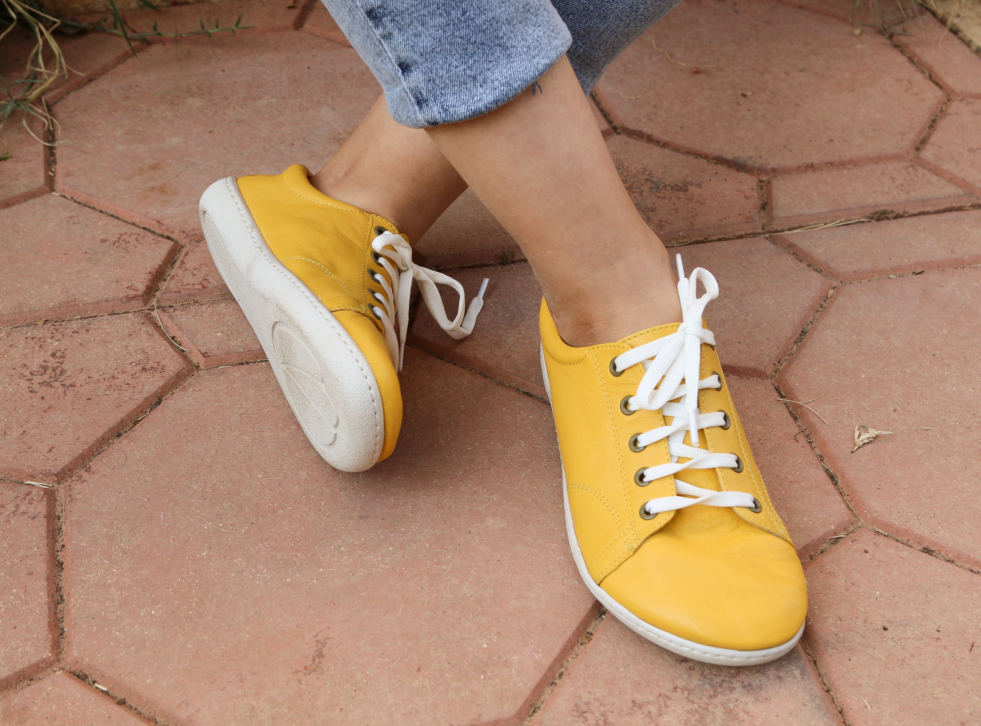Yellow SNEAKER Wide Barefoot Shoes Smooth Leather Handmade 6mm Rubber Outsole 