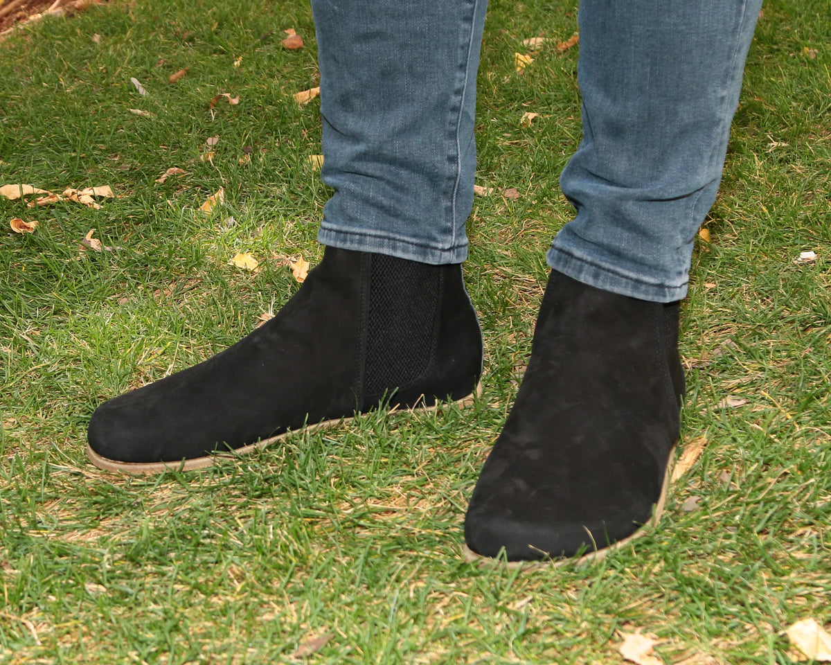 Nubuck Barefoot Chelsea Boots Shoes – Classic Sole — Leather Sole – Black