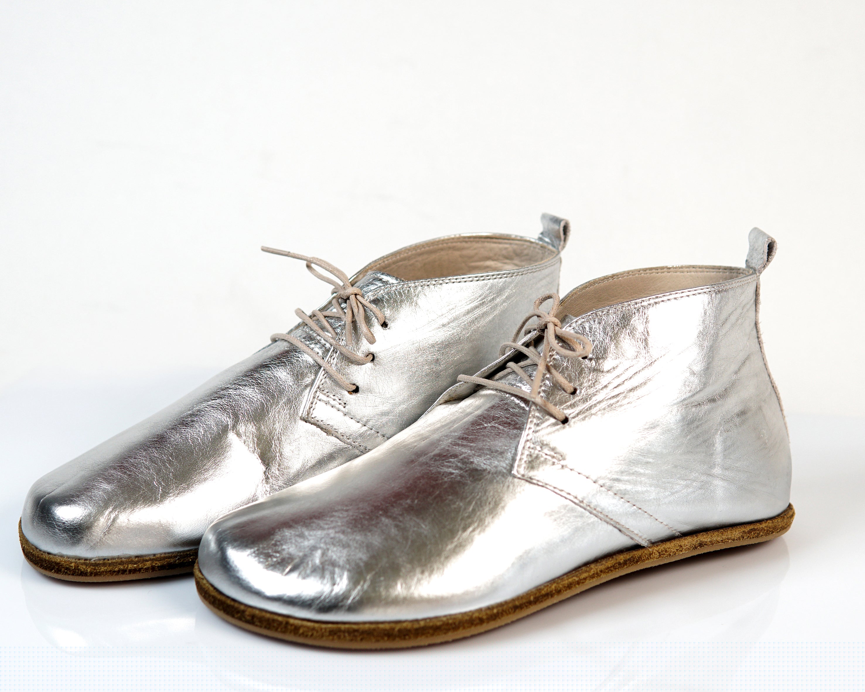 Silver Ankle Boots Wide Barefoot Smooth Leather Handmade Shoes 