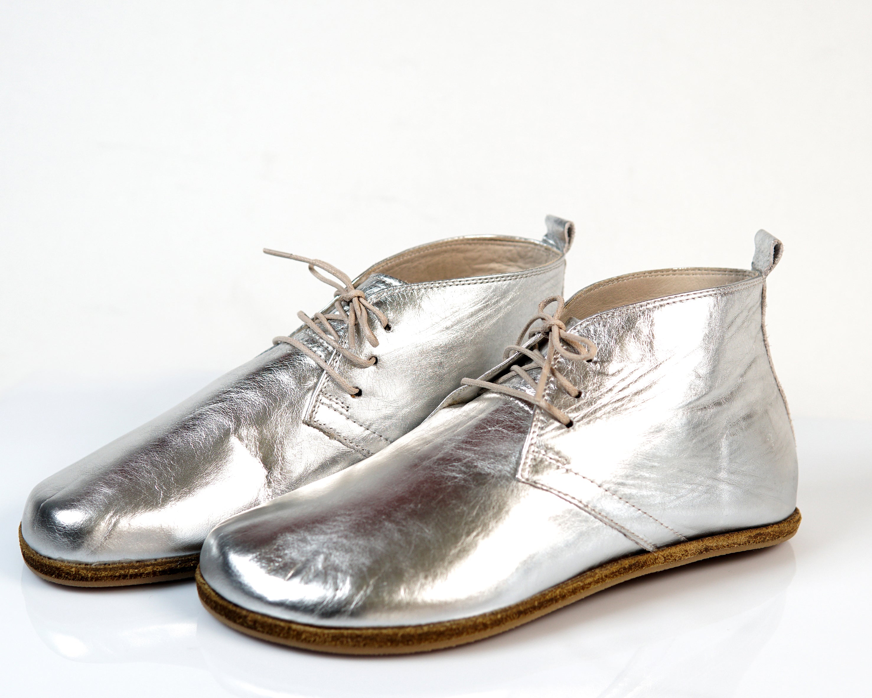 Silver Ankle Boots Wide Barefoot Smooth Leather Handmade Shoes