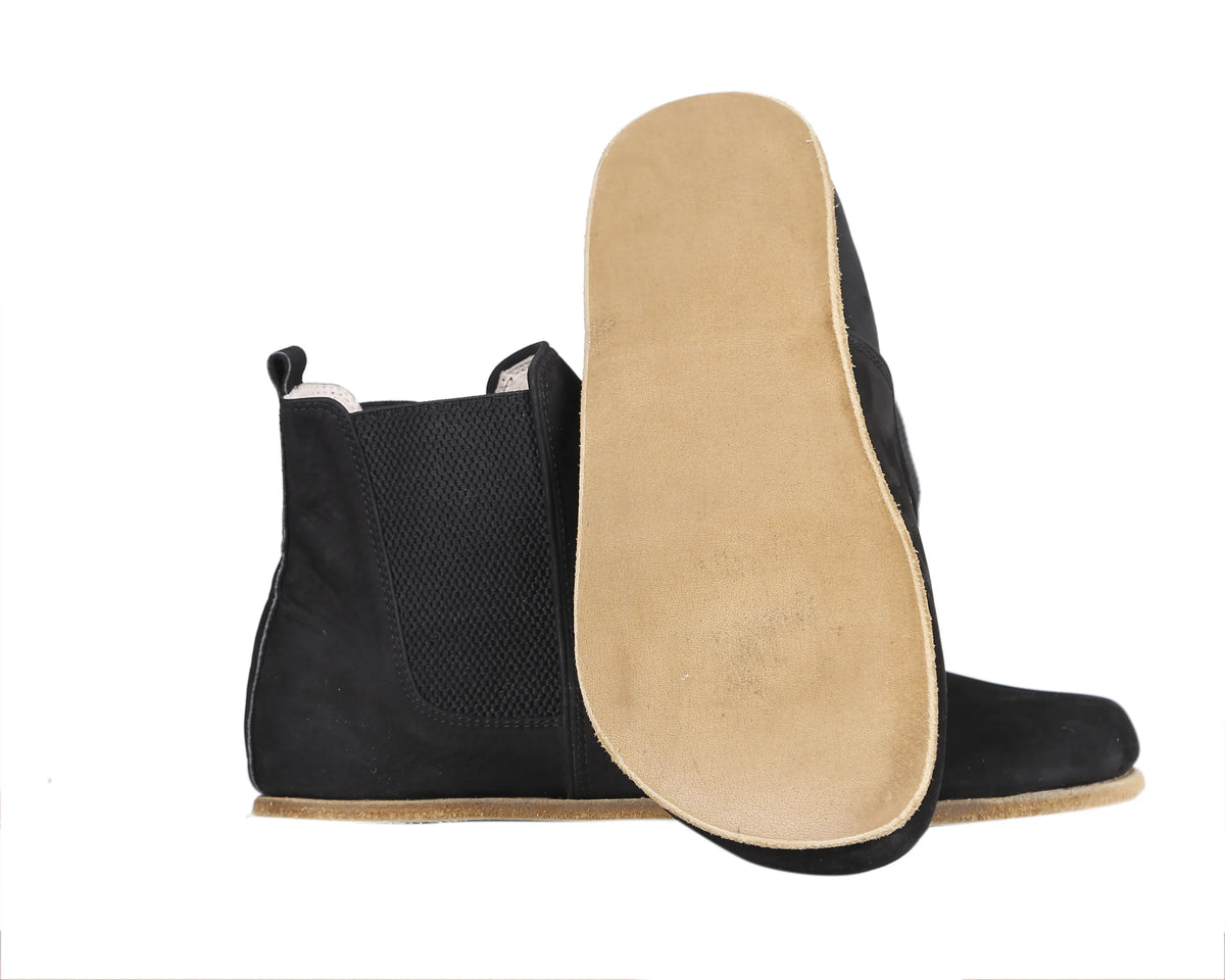 Nubuck Barefoot Chelsea Boots Shoes – Classic Sole — Leather Sole – Black