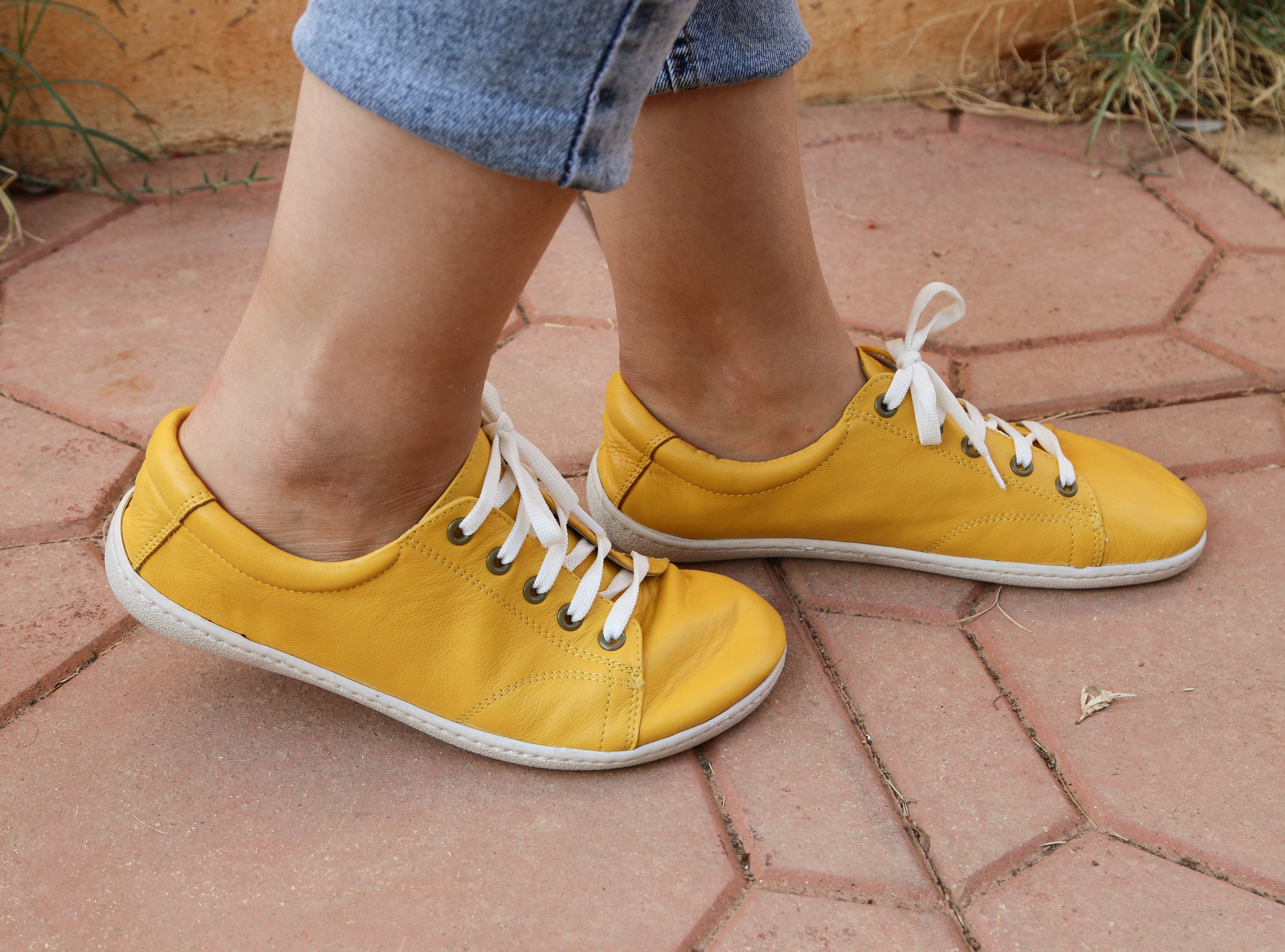 Yellow SNEAKER Wide Barefoot Shoes Smooth Leather Handmade 6mm Rubber Outsole 