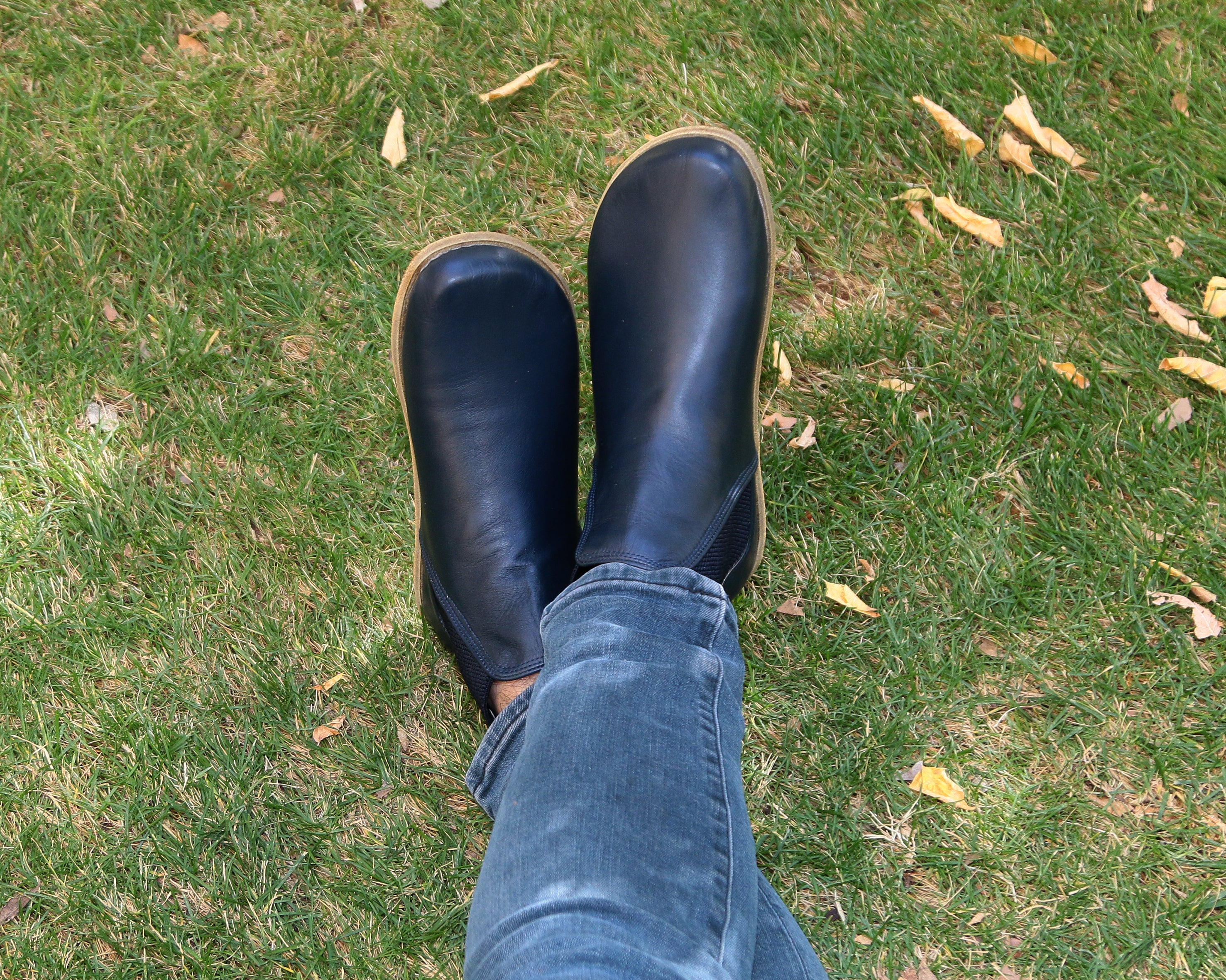 Navy Blue Chelsea Boots Wide Barefoot Smooth Leather Handmade Shoes