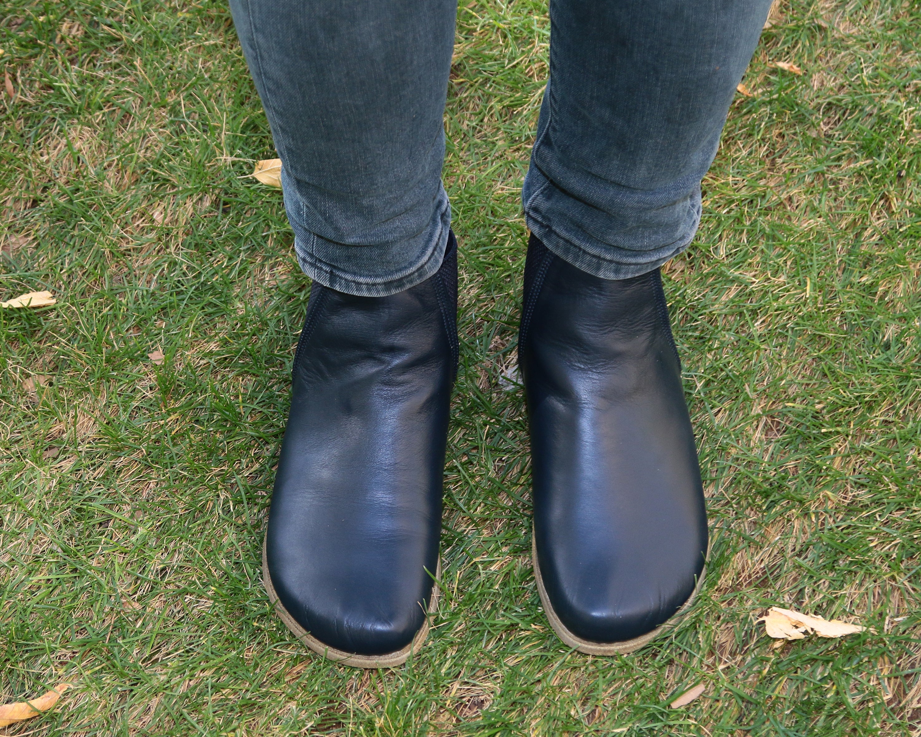 Navy Blue Chelsea Boots Wide Barefoot Smooth Leather Handmade Shoes 