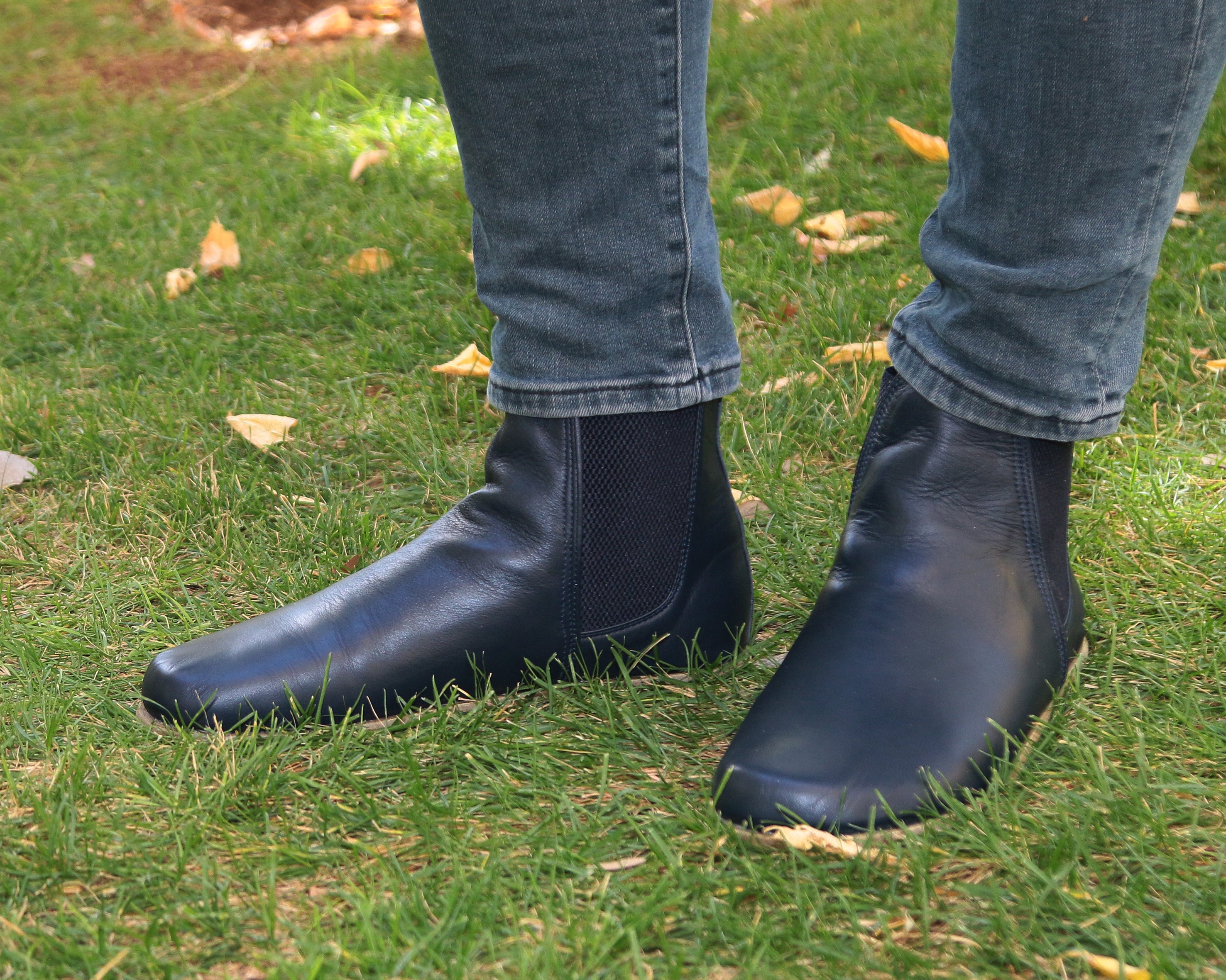 Navy Blue Chelsea Boots Wide Barefoot Smooth Leather Handmade Shoes