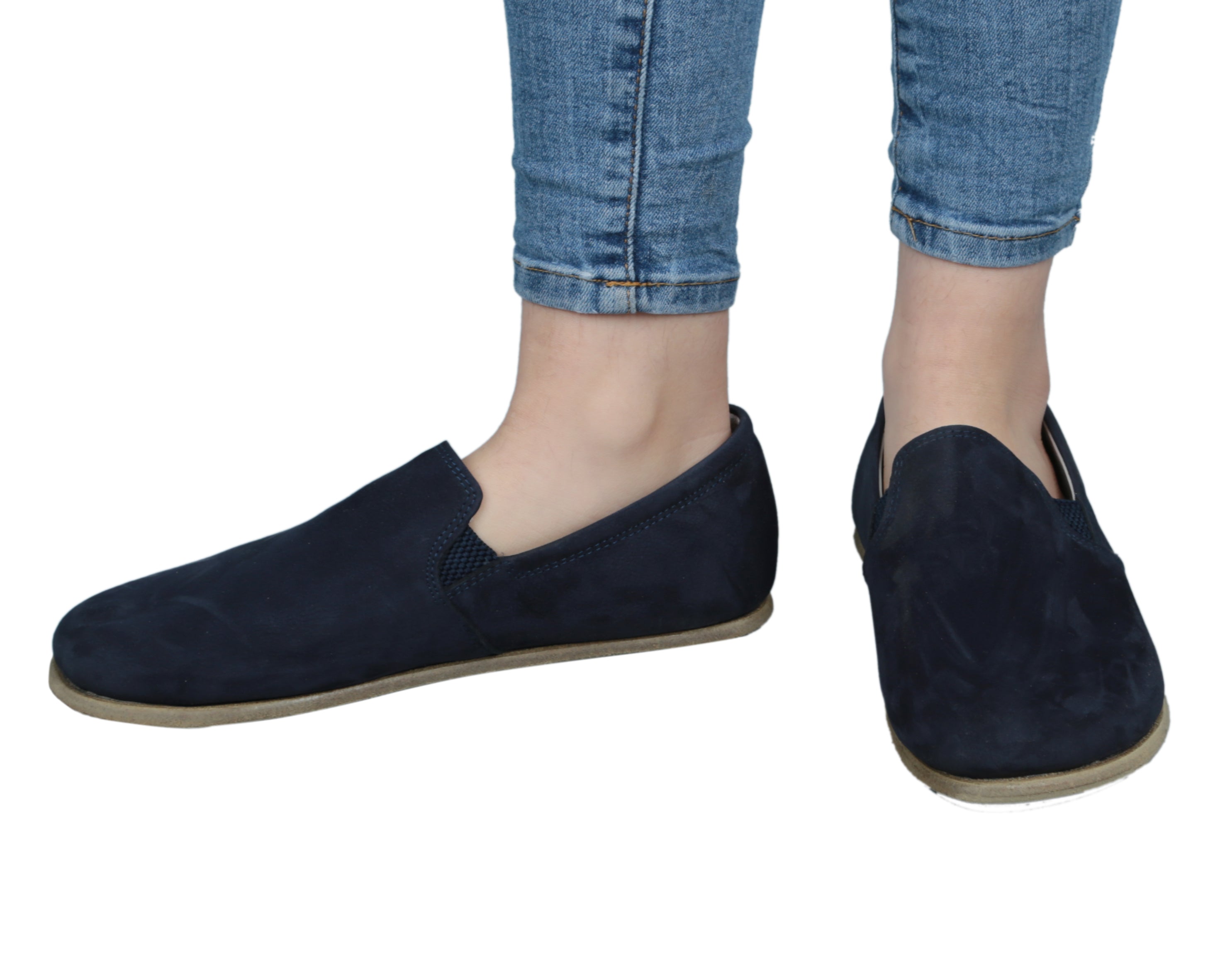 Navy Blue Slip-On Wide Barefoot Nubuck Leather Handmade Classic Shoes