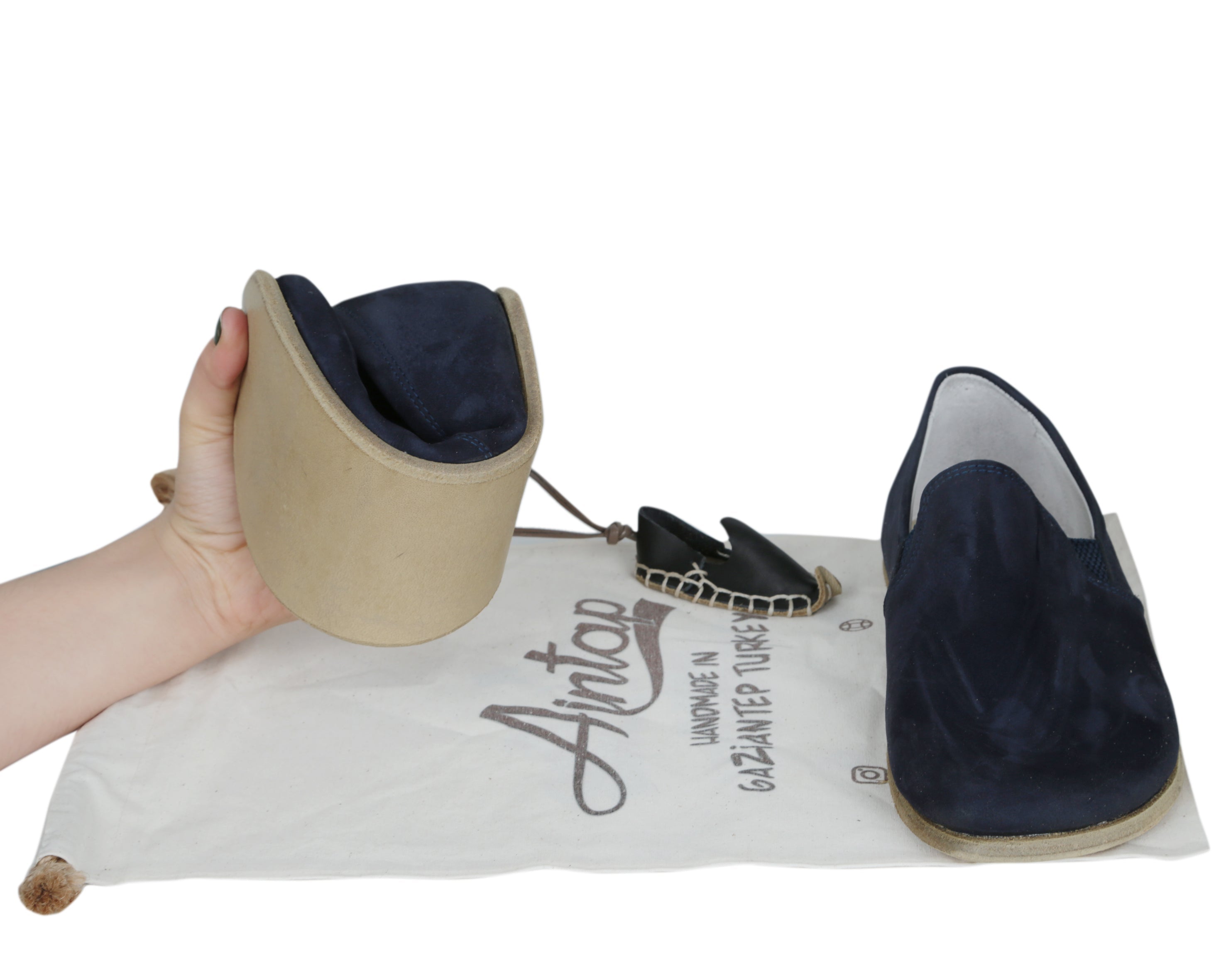 Navy Blue Slip-On Wide Barefoot Nubuck Leather Handmade Classic Shoes 