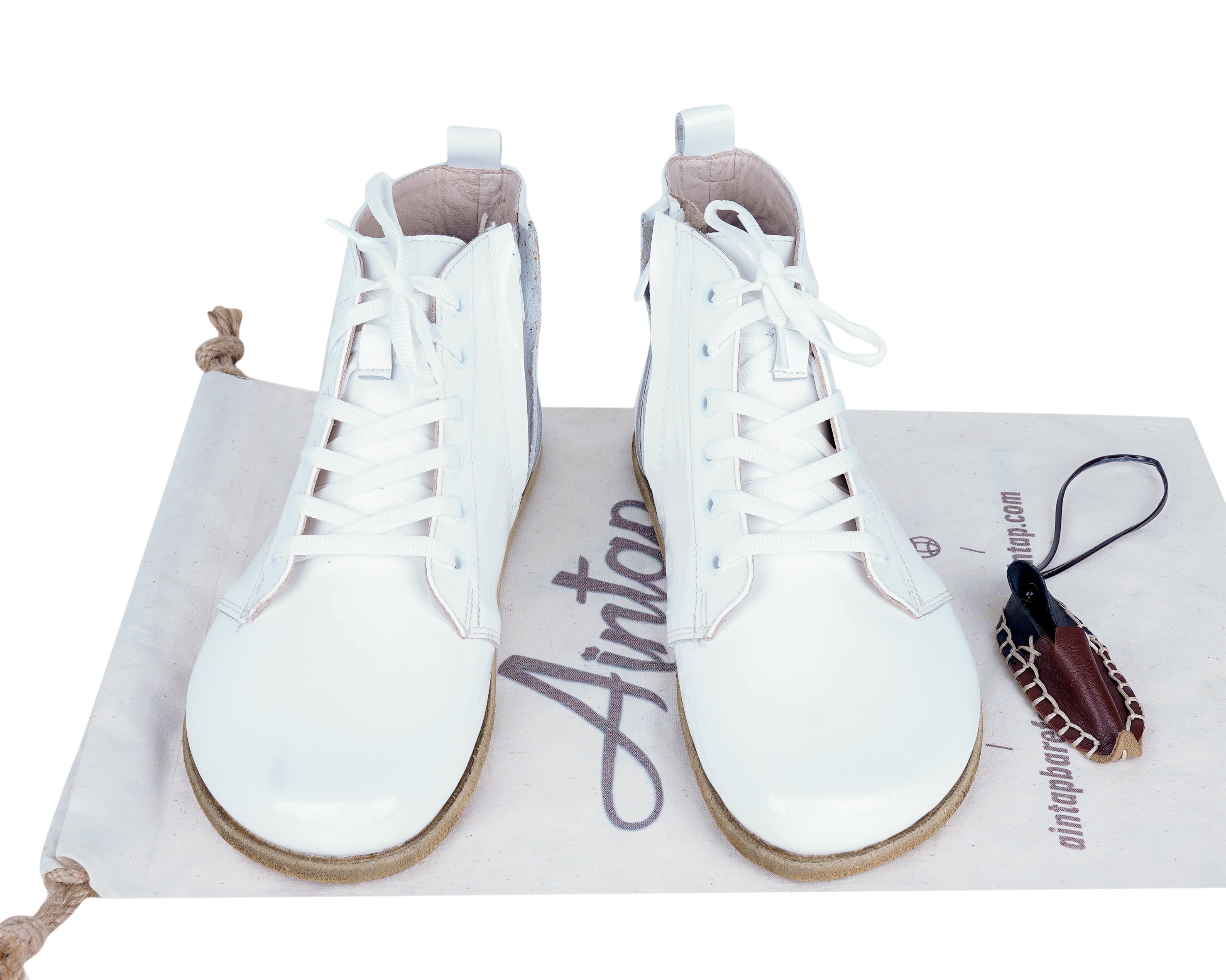 Foralı White Short Boots Wide Barefoot Patent Leather Handmade Shoes