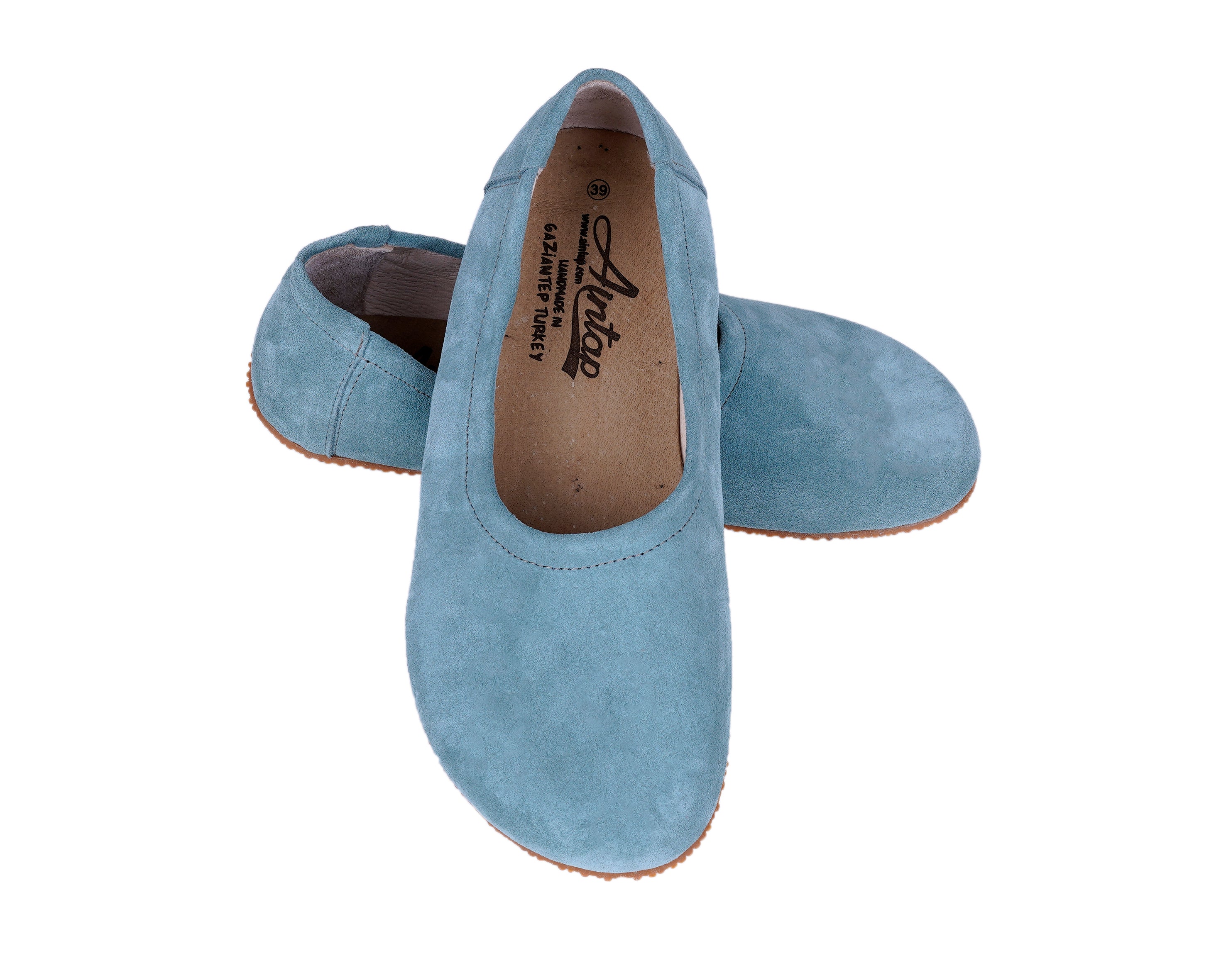 Sea Blue Women Flat Ballets Wide Barefoot Suede Leather Handmade