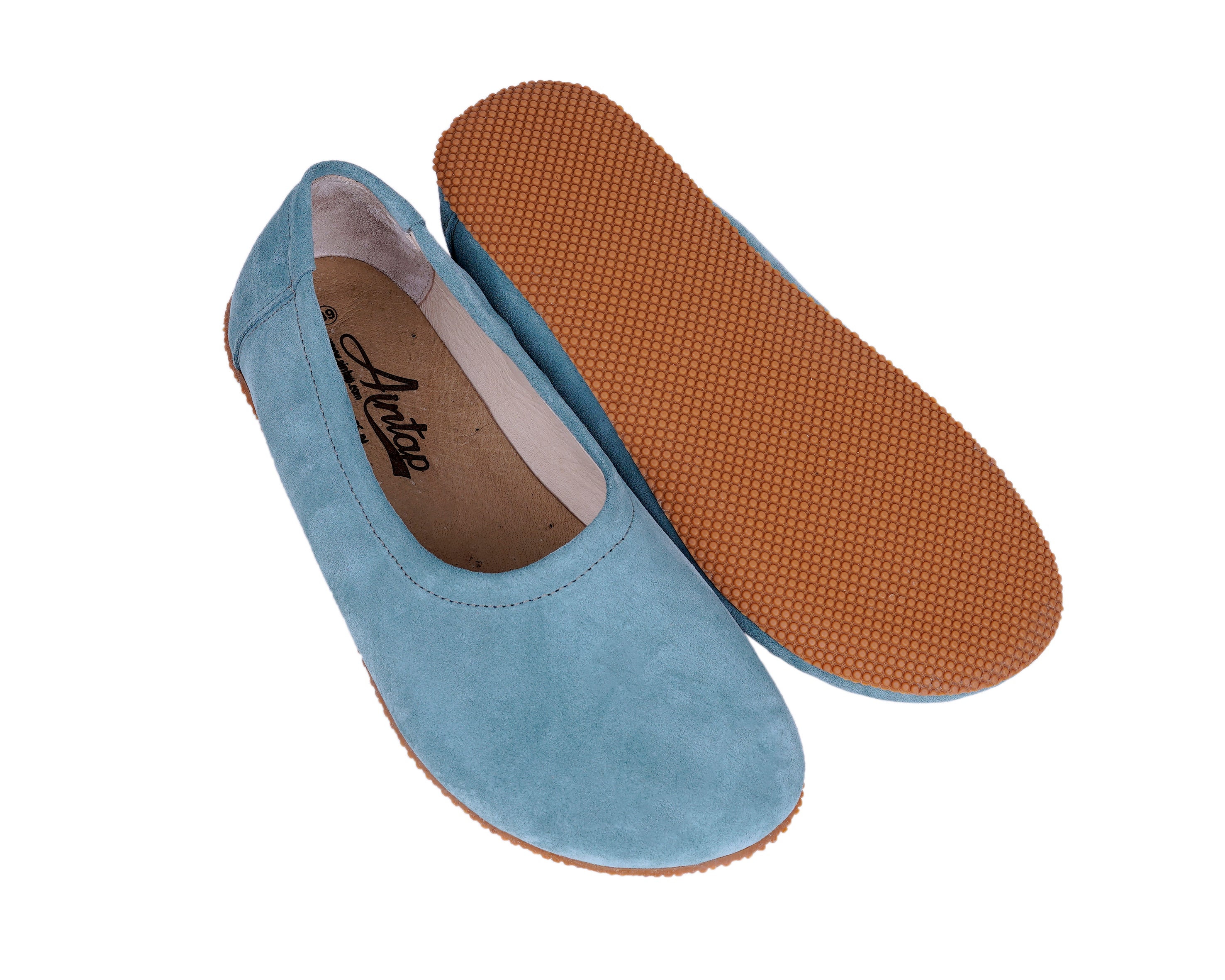 Sea Blue Women Flat Ballets Wide Barefoot Suede Leather Handmade Women Flat Ballets