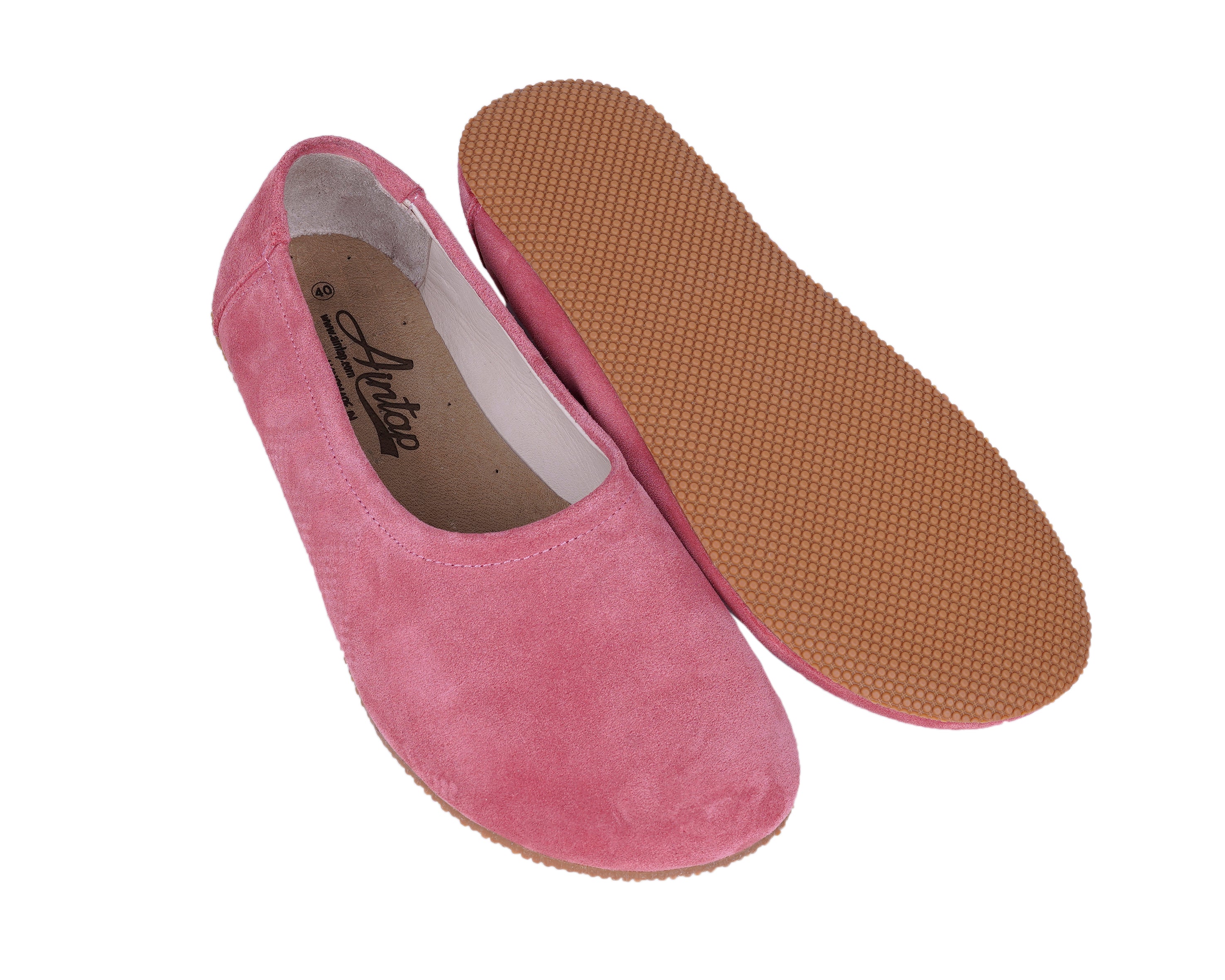 Pink Women Flat Ballets Wide Barefoot Suede Leather Handmade